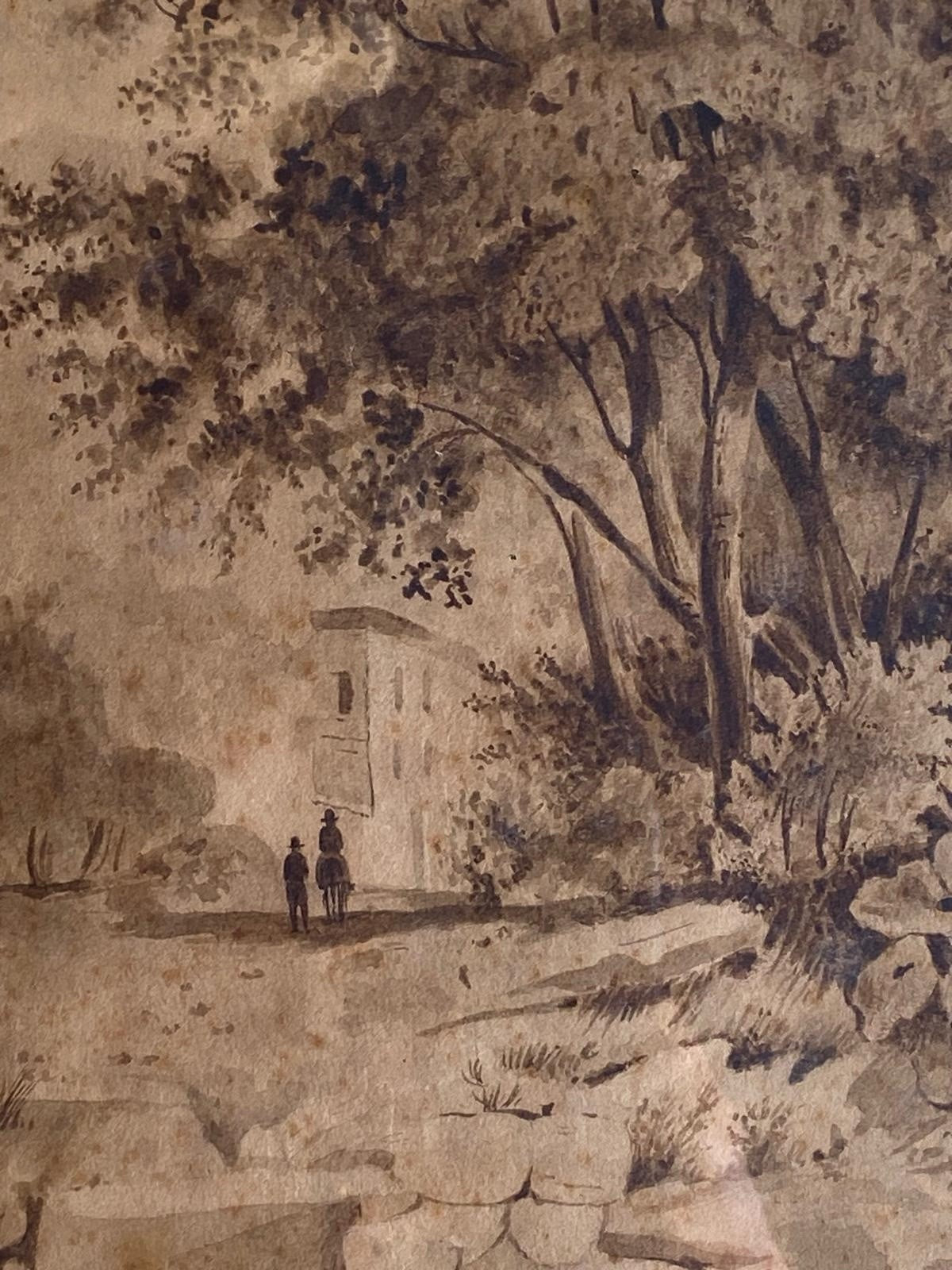 Quadro antico -Paesaggio- disegnato a mano con tecnica seppia su carta