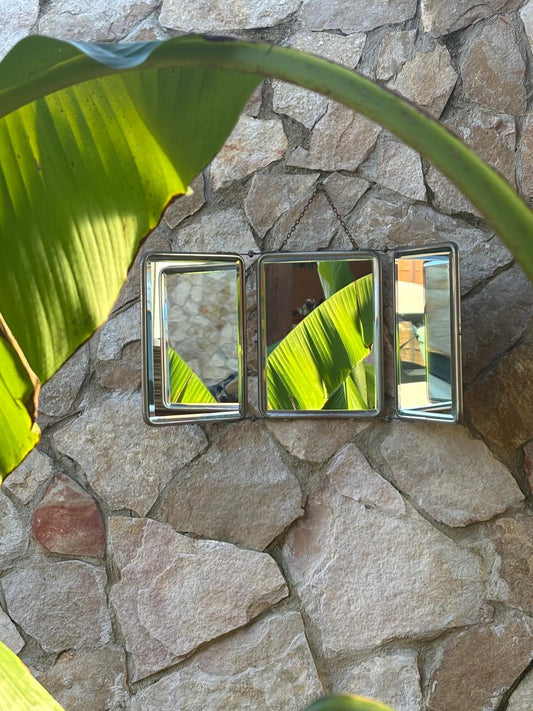 Specchio Vintage Trittico Da Barbiere In Metallo Con Vetro Molato