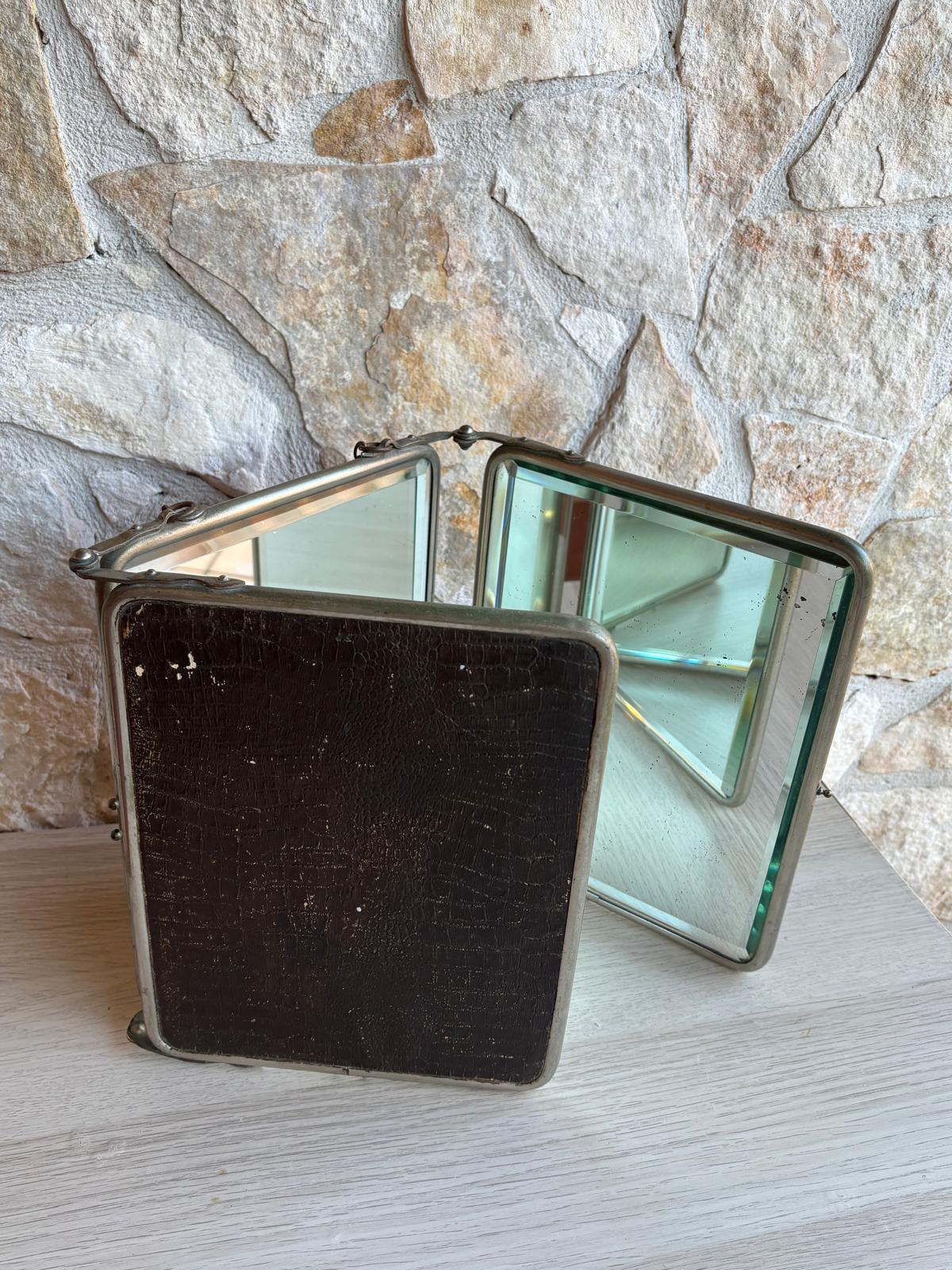Specchio Vintage Trittico Da Barbiere In Metallo Con Vetro Molato
