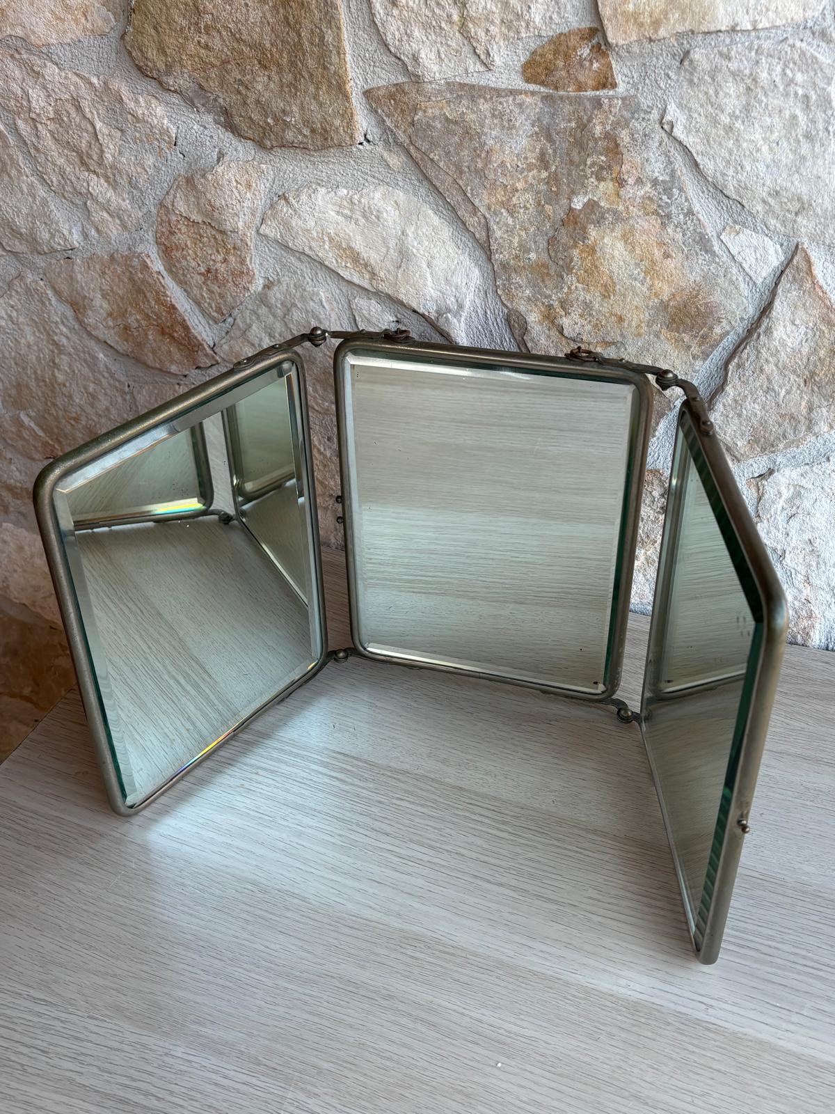 Specchio Vintage Trittico Da Barbiere In Metallo Con Vetro Molato