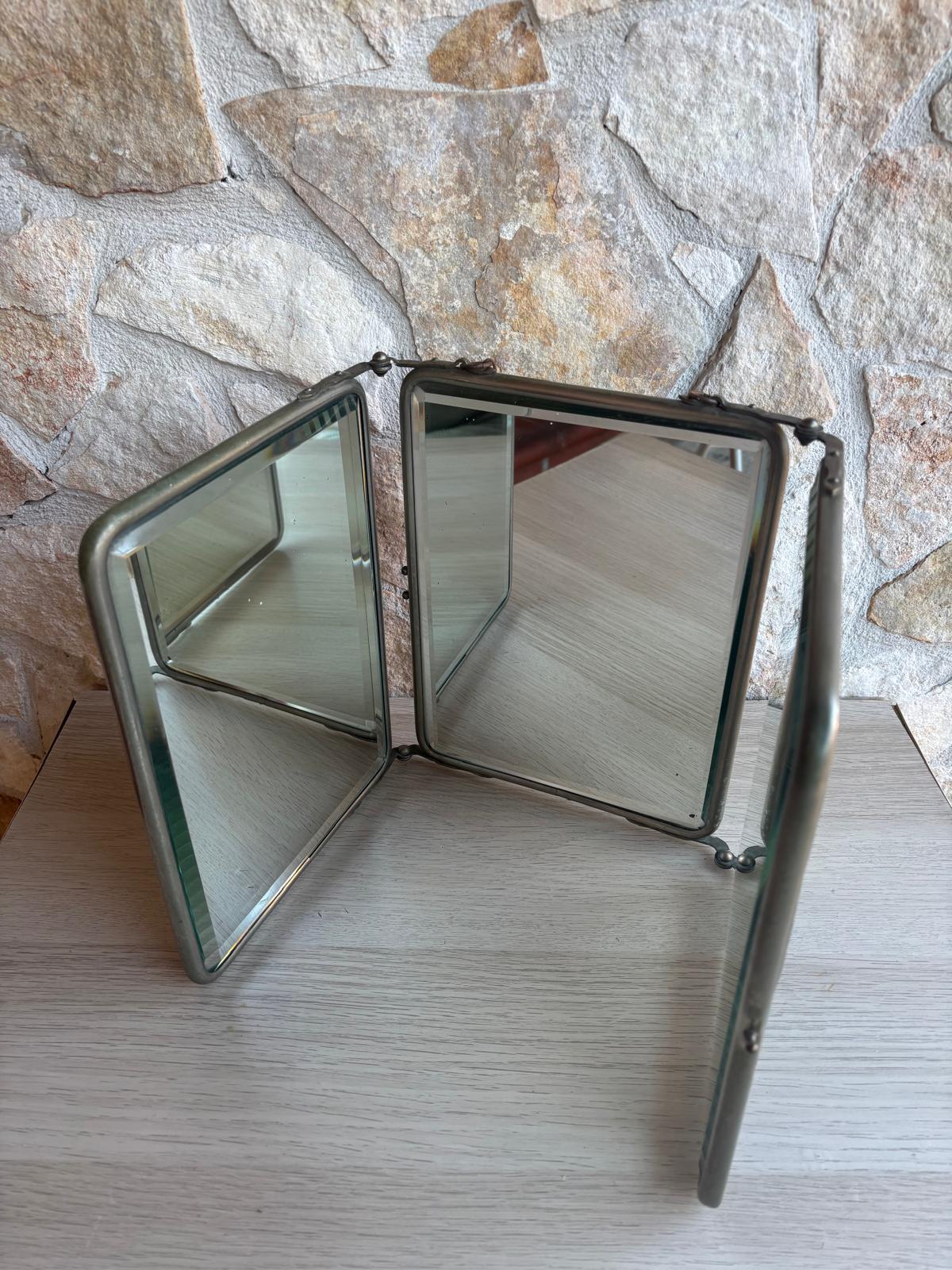 Specchio Vintage Trittico Da Barbiere In Metallo Con Vetro Molato