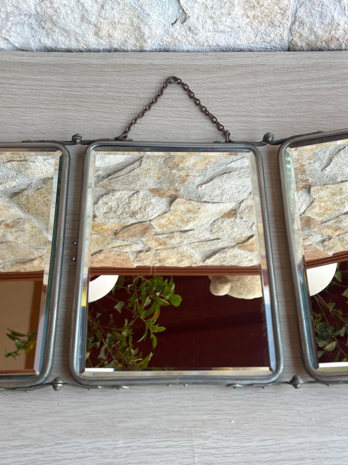 Specchio Vintage Trittico Da Barbiere In Metallo Con Vetro Molato