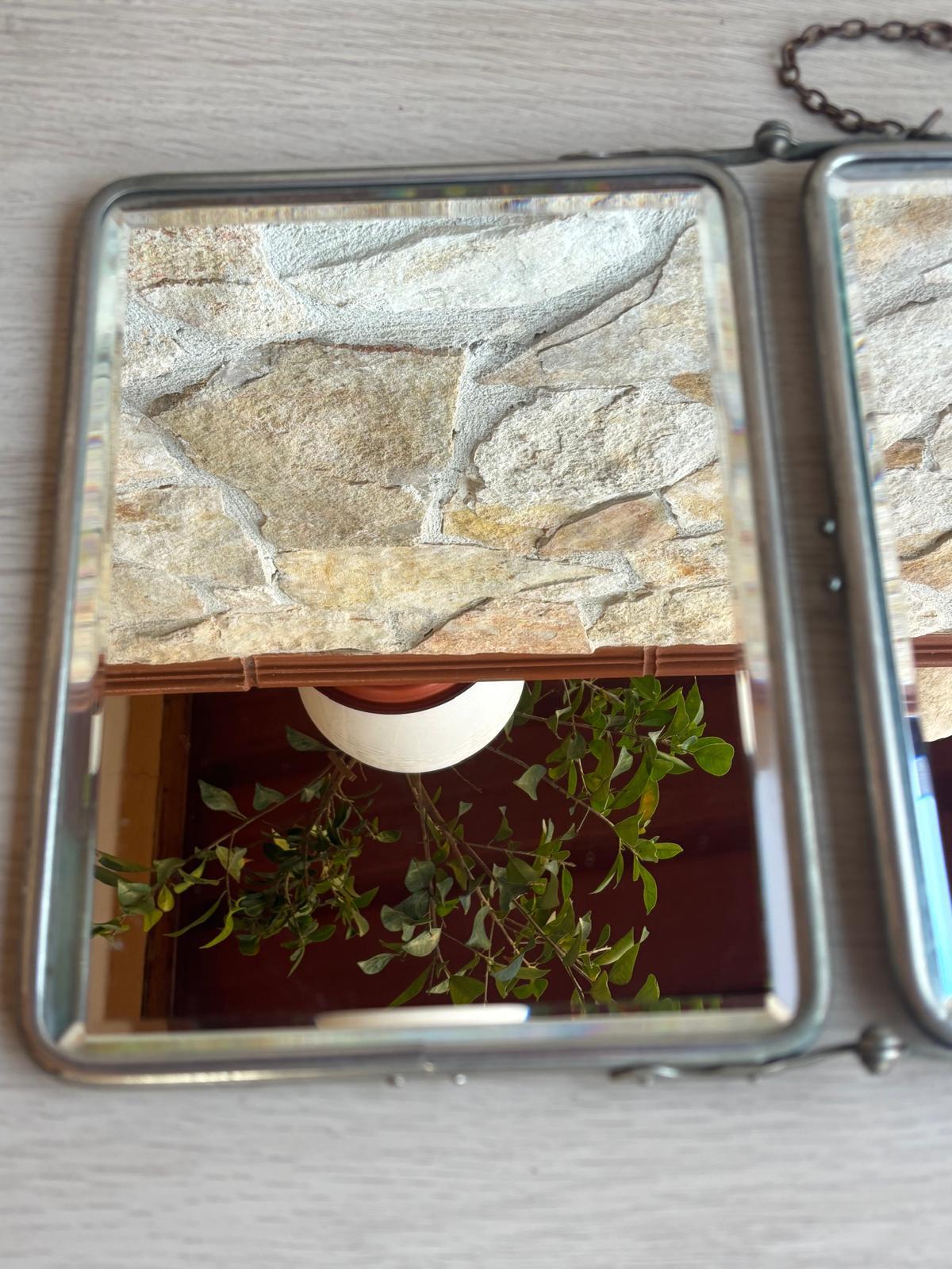 Specchio Vintage Trittico Da Barbiere In Metallo Con Vetro Molato