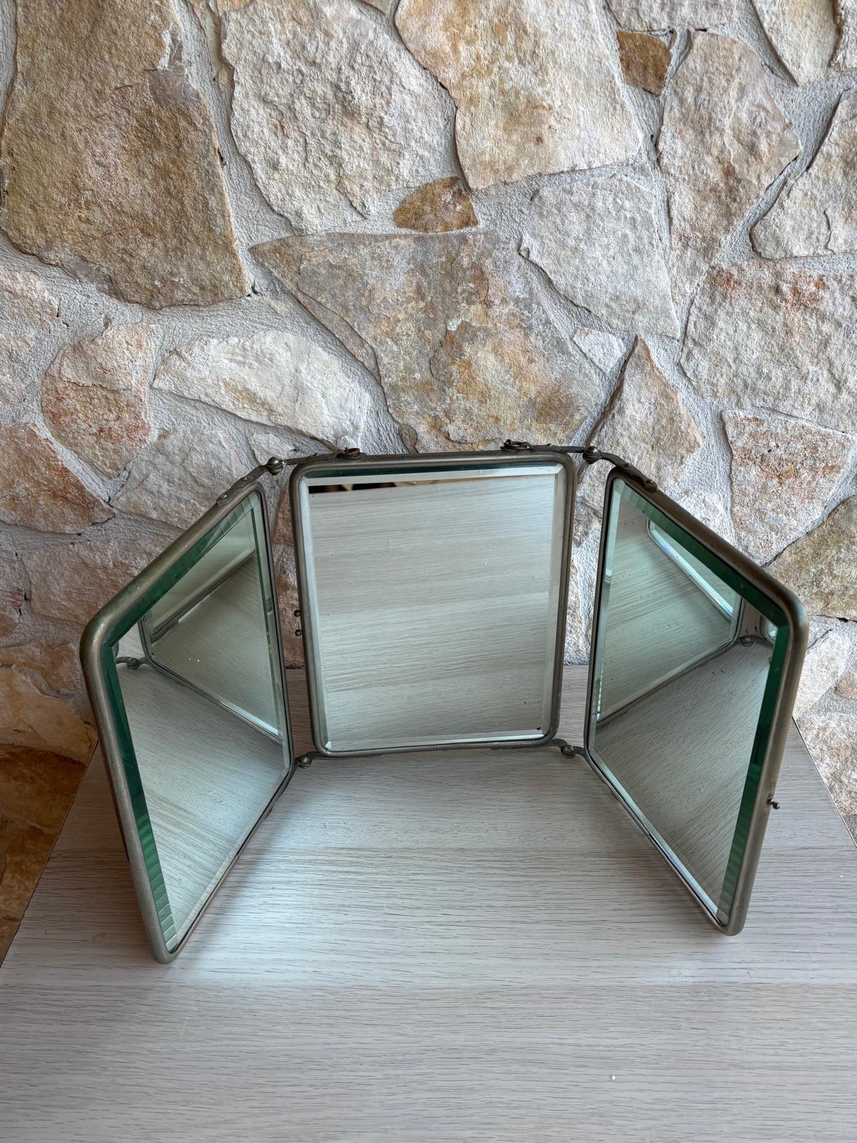 Specchio Vintage Trittico Da Barbiere In Metallo Con Vetro Molato