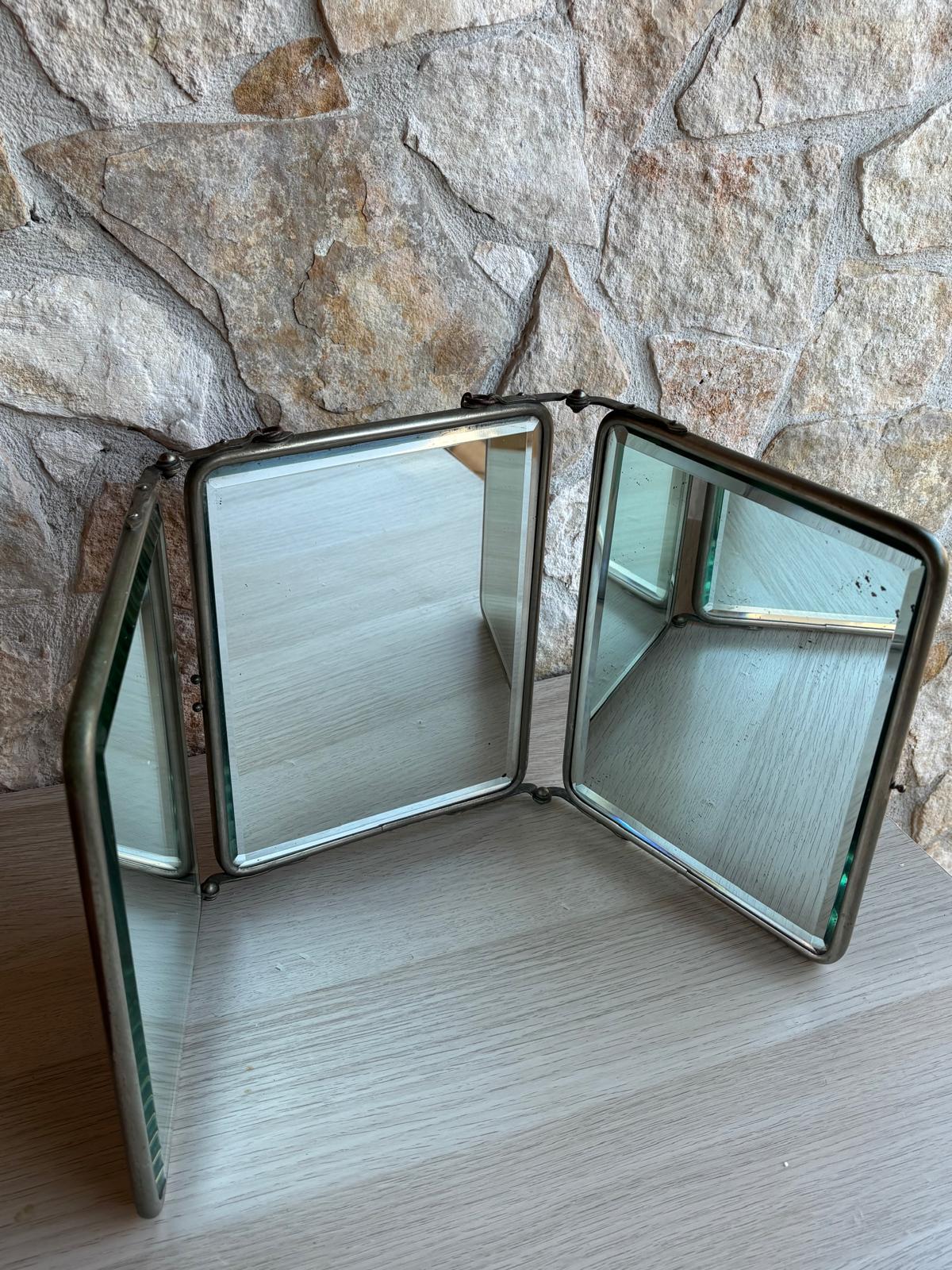 Specchio Vintage Trittico Da Barbiere In Metallo Con Vetro Molato