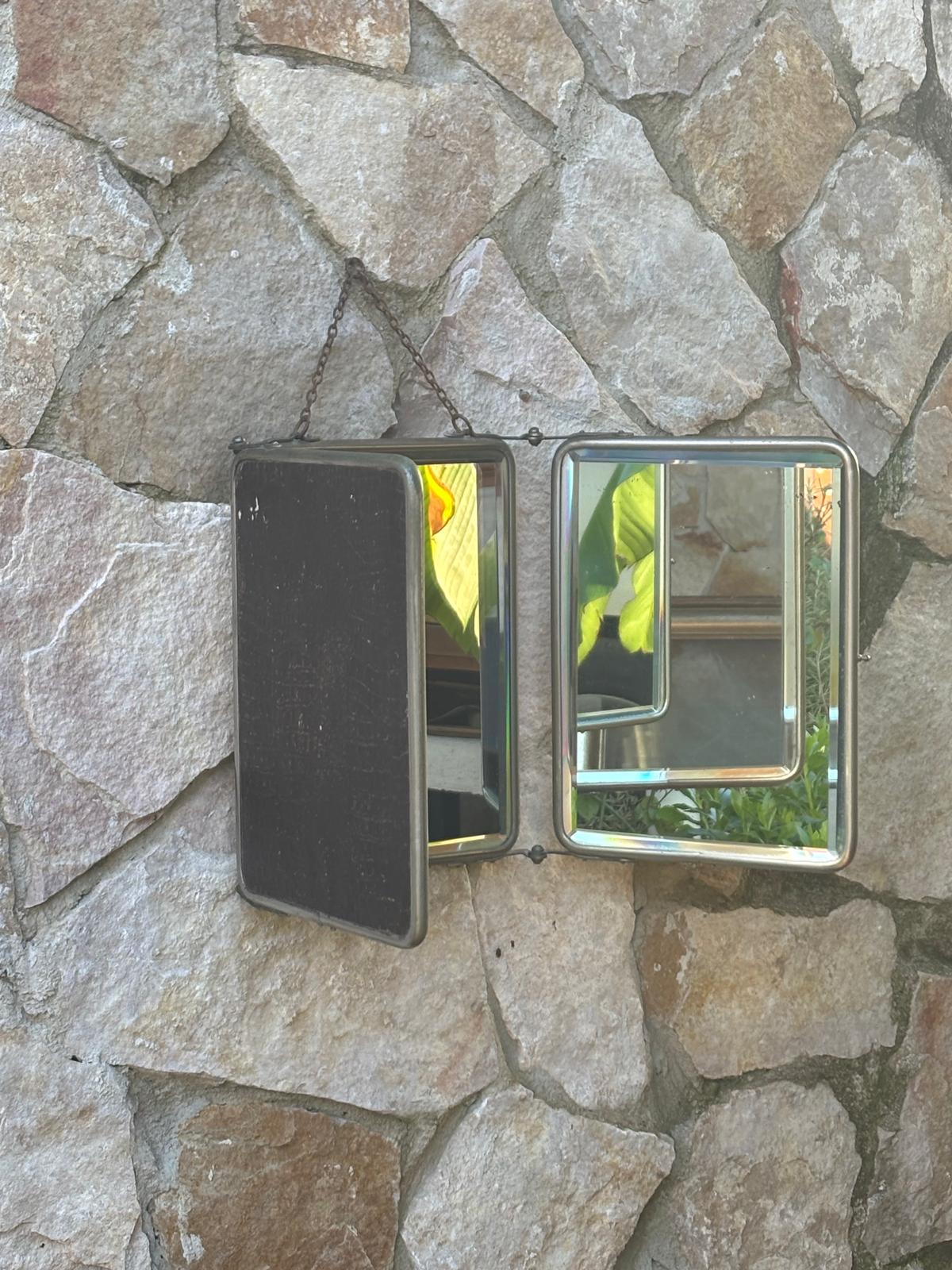 Specchio Vintage Trittico Da Barbiere In Metallo Con Vetro Molato