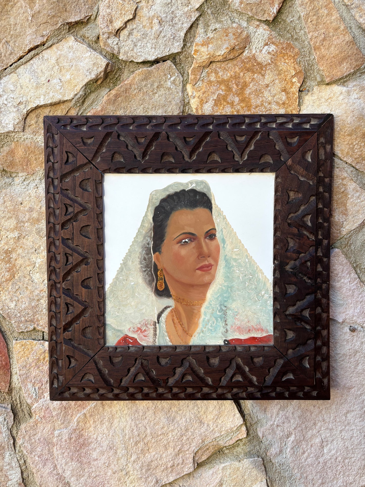 Quadro Vintage -Sarda- Dipinto Su Mattonella In Ceramica