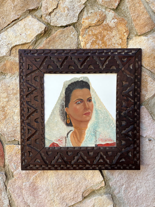 Quadro Vintage -Sarda- Dipinto Su Mattonella In Ceramica