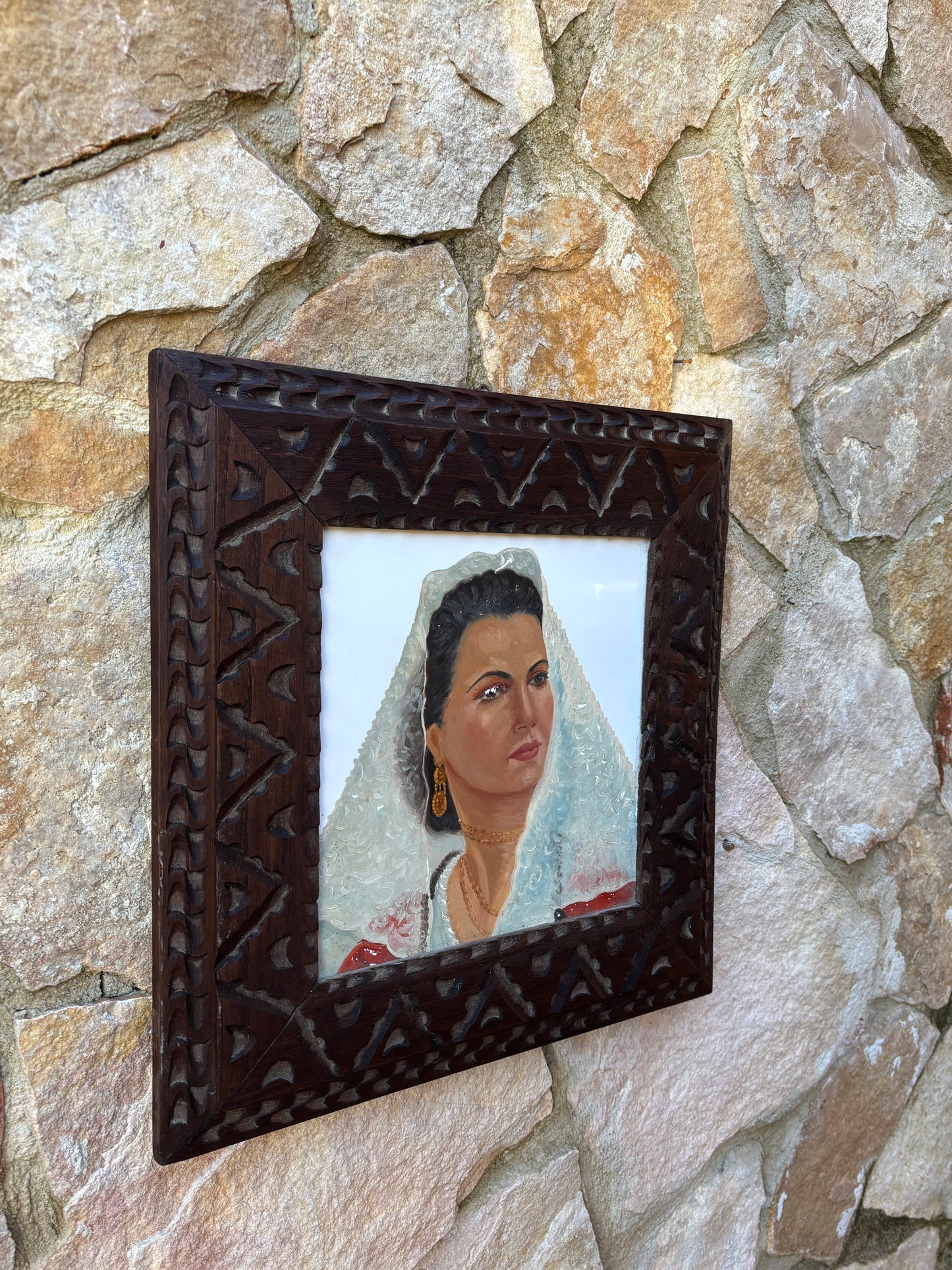 Quadro Vintage -Sarda- Dipinto Su Mattonella In Ceramica