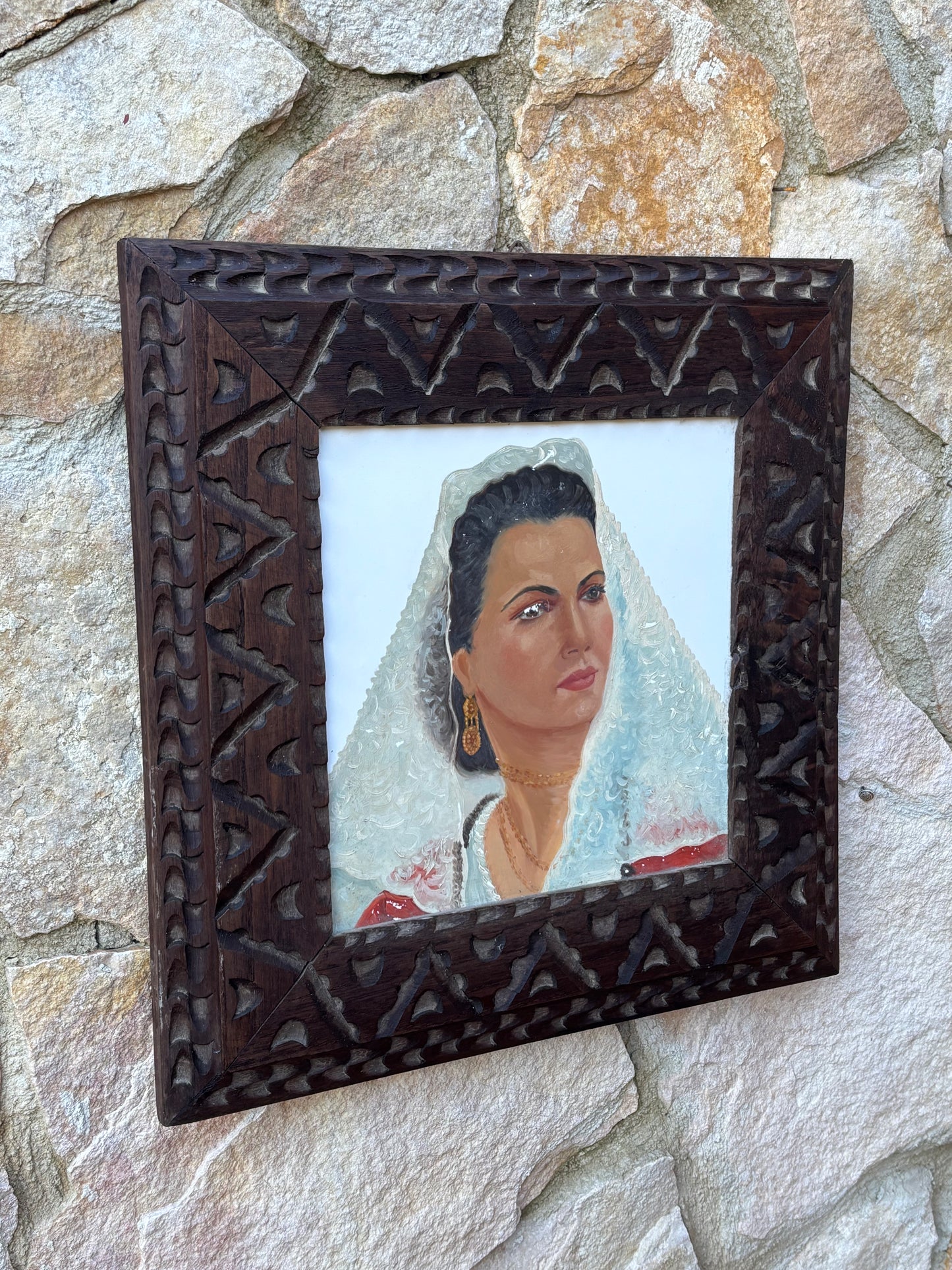 Quadro Vintage -Sarda- Dipinto Su Mattonella In Ceramica