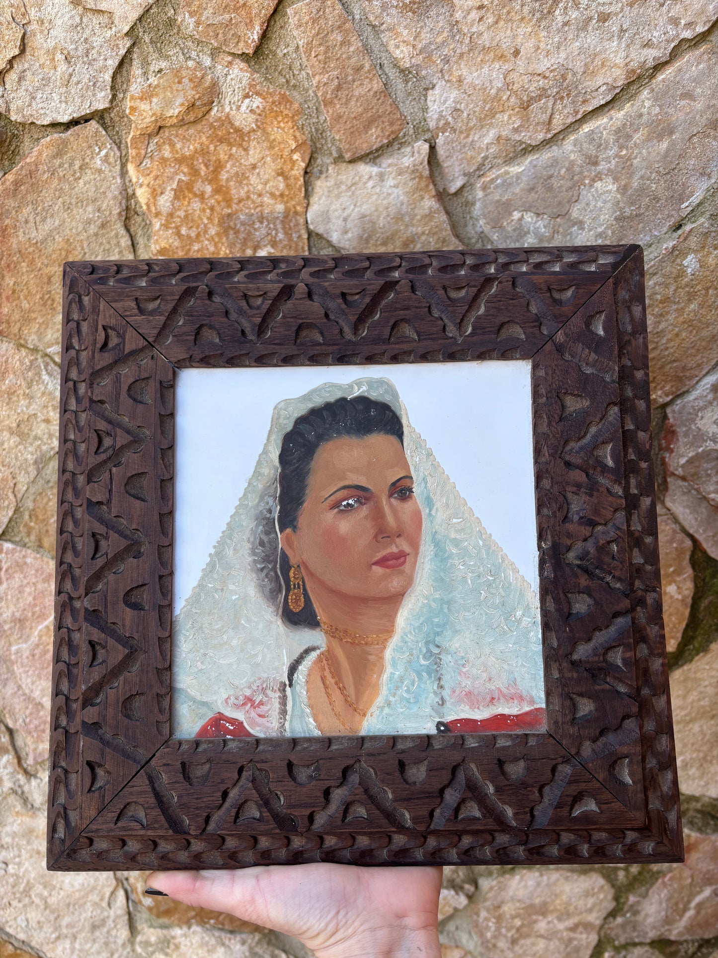 Quadro Vintage -Sarda- Dipinto Su Mattonella In Ceramica