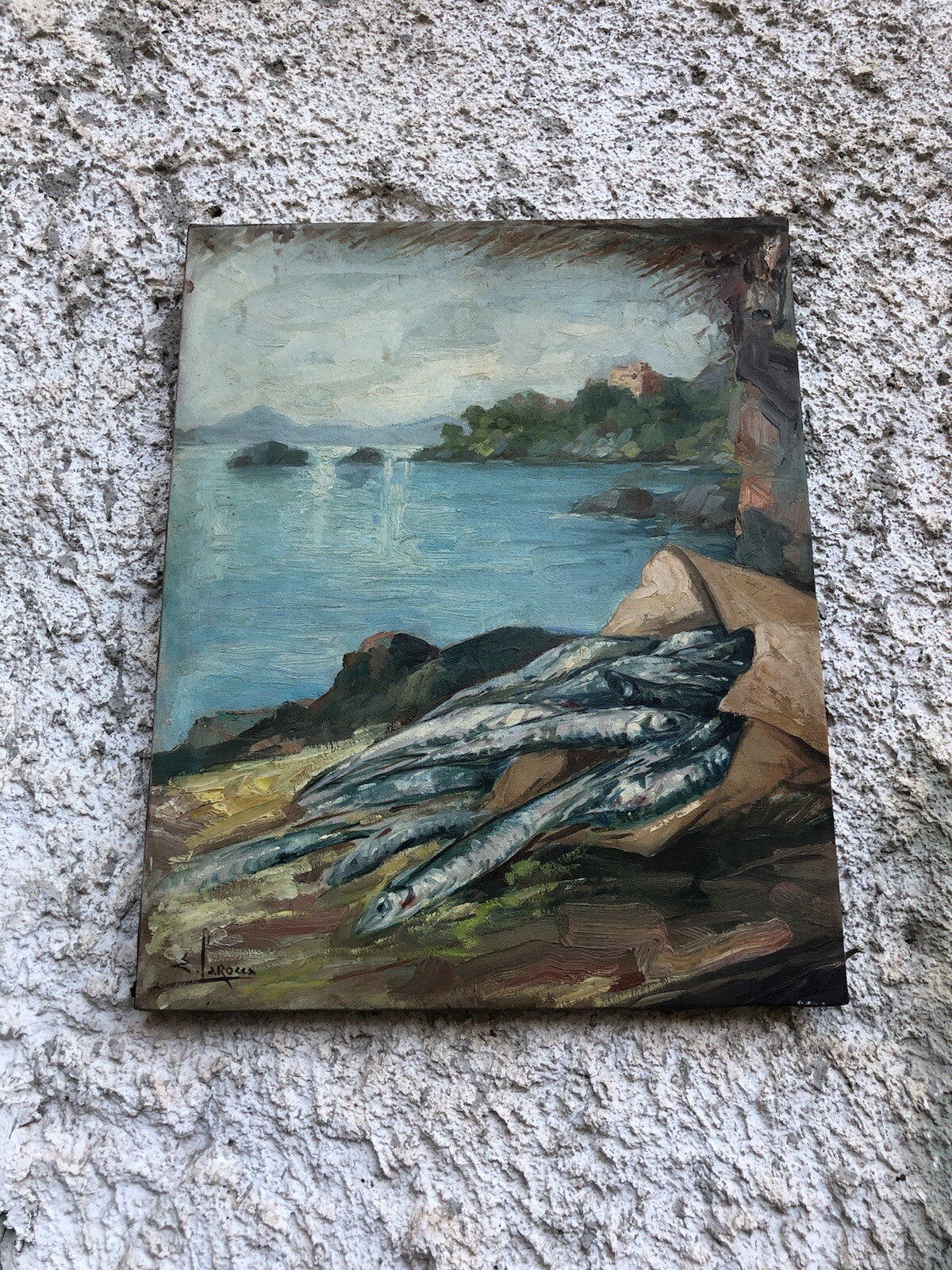 Quadro vintage -Paesaggio Con Natura Morta- dipinto a olio su tela