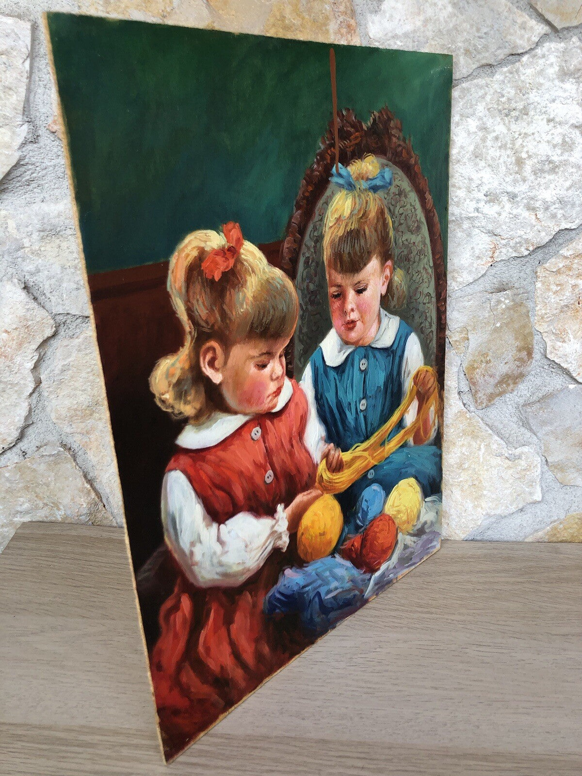 Quadro -Fanciulle Con Gomitoli Di Lana- dipinto a olio su tavoletta