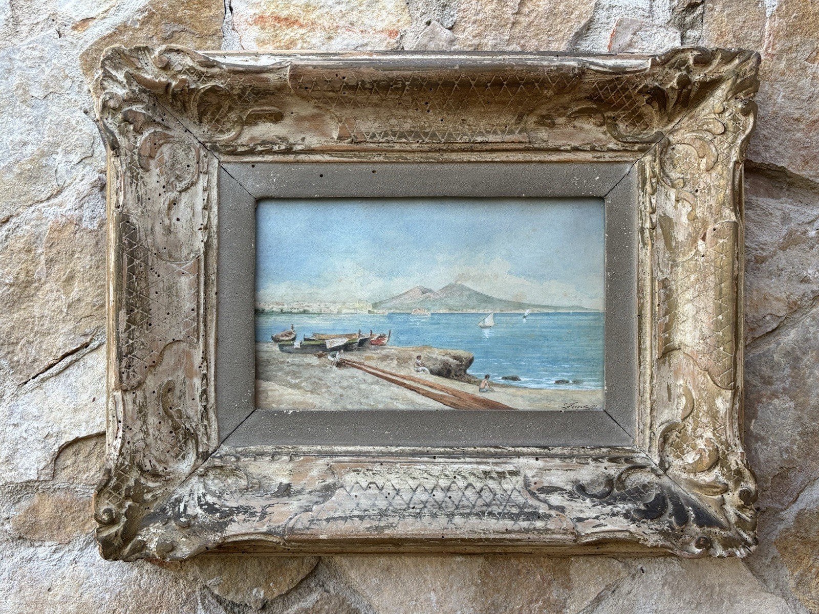 Coppia di quadri antichi -Paesaggi Napoli- realizzati ad acquerello su carta