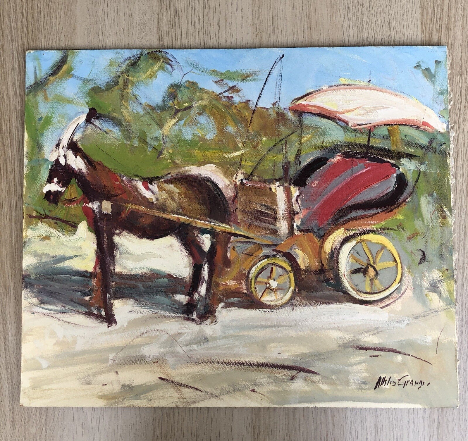 Quadro vintage -Carrozza Con Cavallo- dipinto a tecnica mista su cartoncino