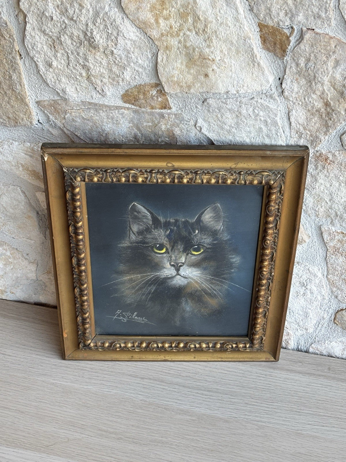 Quadro antico -Figura Gatto- pastello su carta