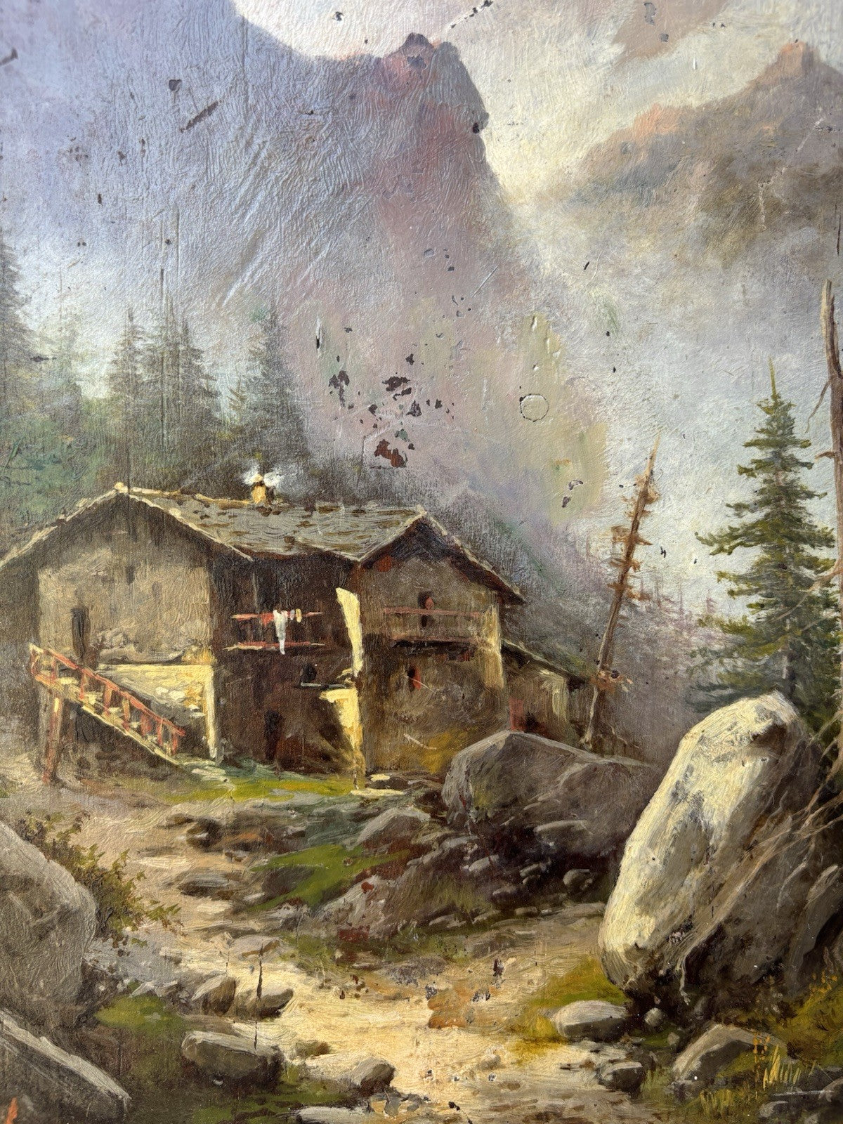 Quadro antico -Paesaggio Alpino- dipinto a olio su tavola