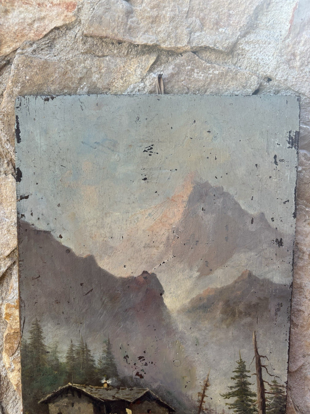 Quadro antico -Paesaggio Alpino- dipinto a olio su tavola