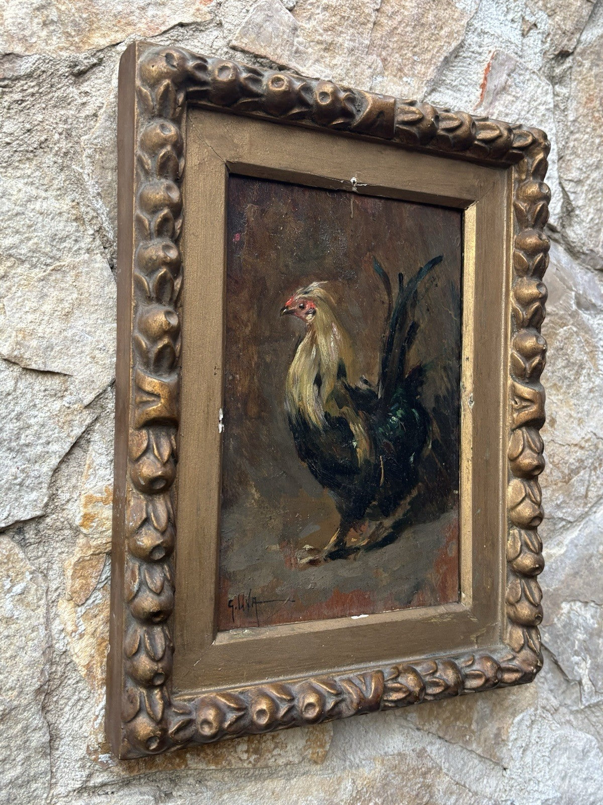 Quadro antico -Gallo- Giuseppe Uva dipinto a olio su tavoletta
