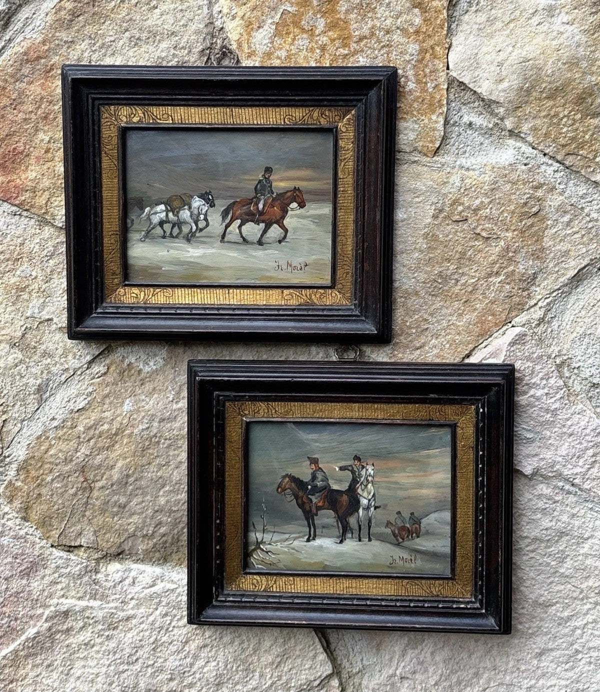 Coppia Di Quadri Vintage, Miniature Dipinte A Olio Su Rame