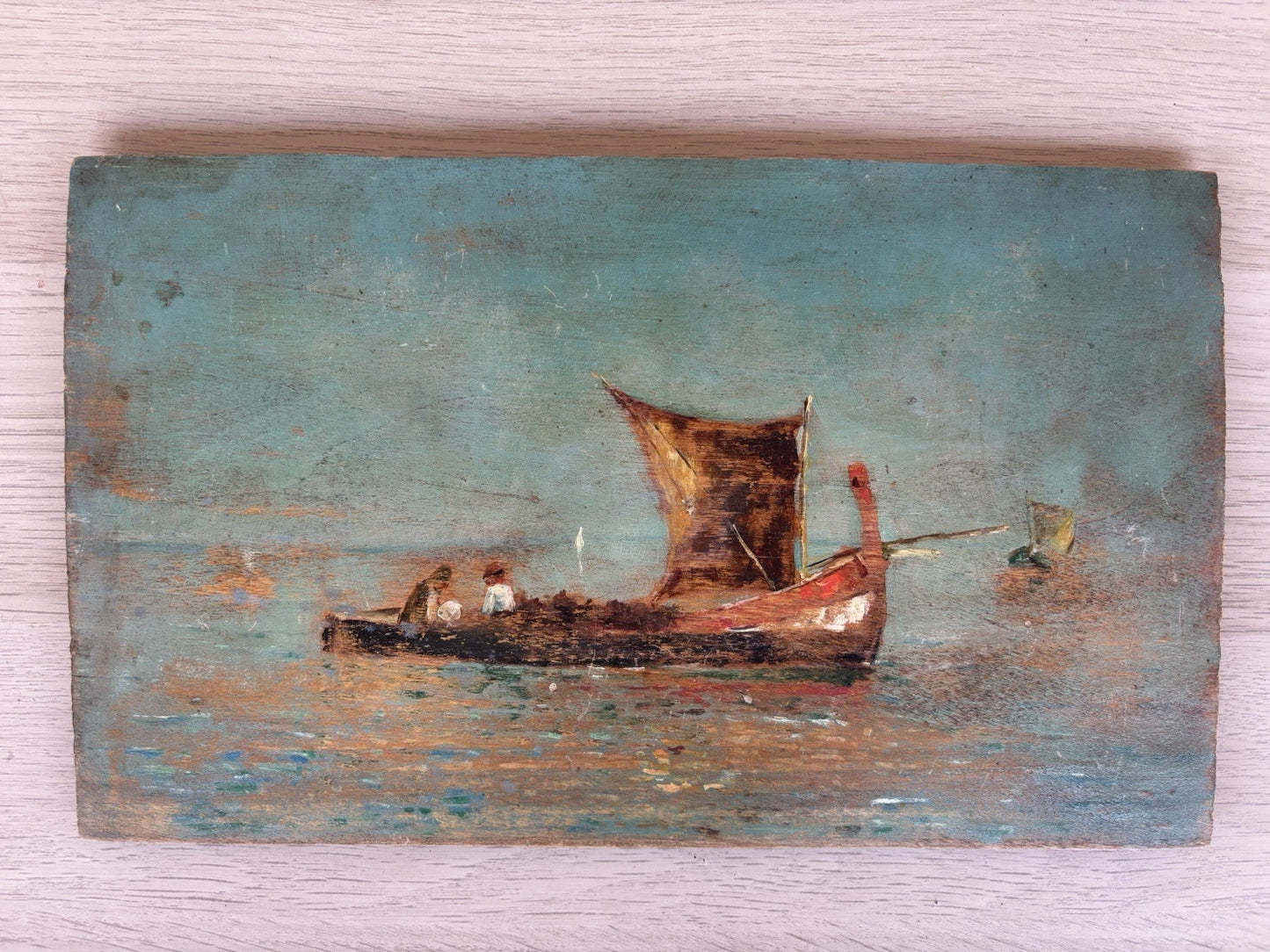 Quadro antico -Marina Con Barche- dipinto a olio su tavola