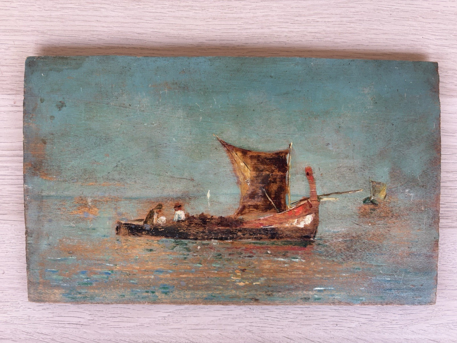 Quadro antico -Marina Con Barche- dipinto a olio su tavola