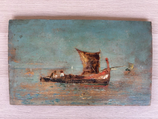 Quadro antico -Marina Con Barche- dipinto a olio su tavola