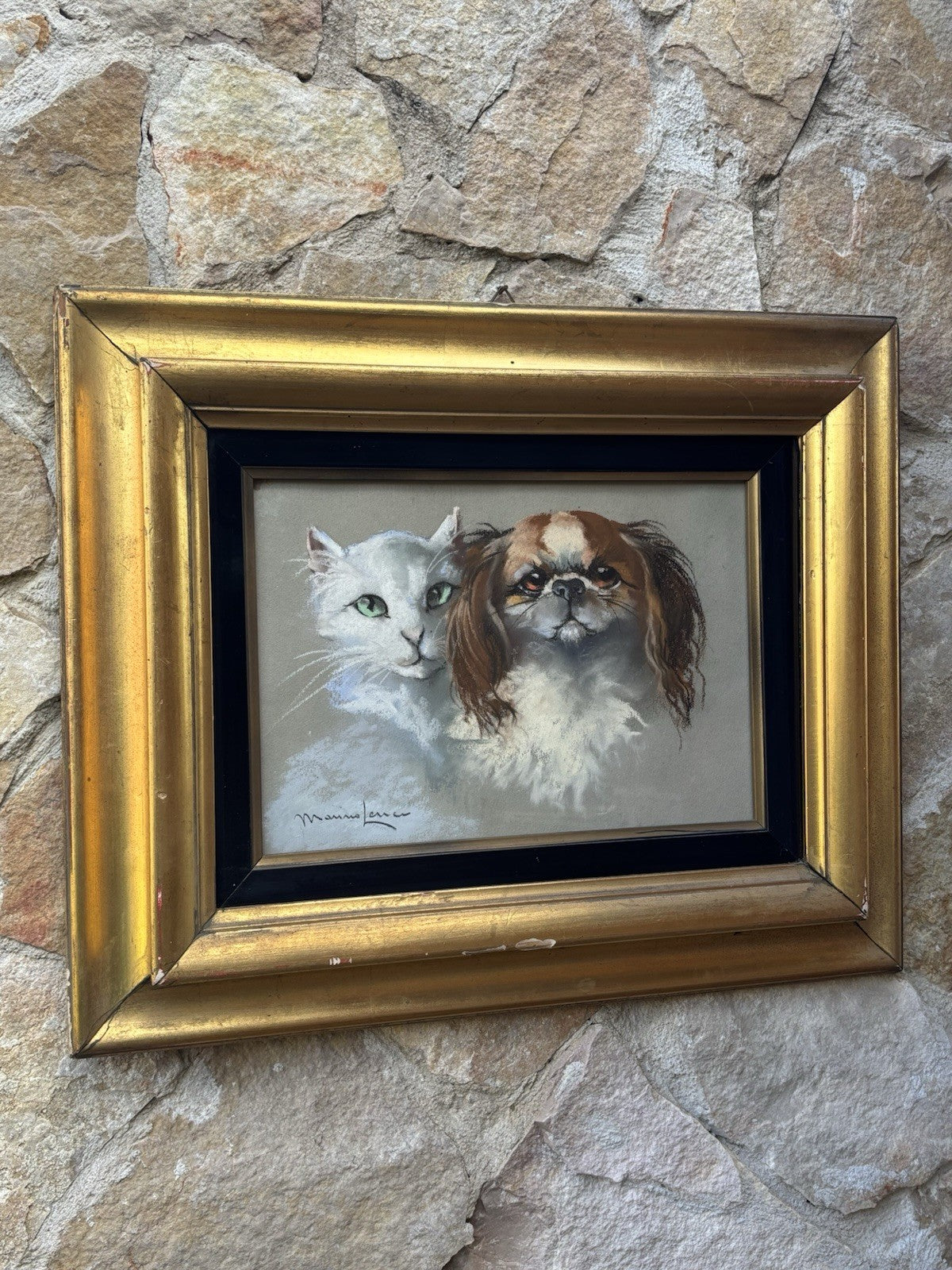 Quadro -Cane E Gatto- Marino Lenci realizzato a pastello su carta