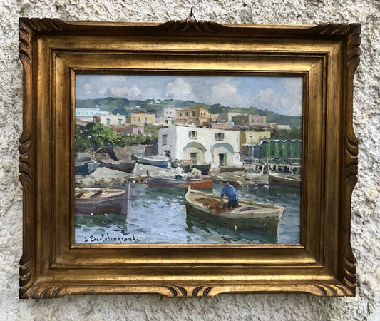 Quadro -Marina Con Barche- dipinto a olio