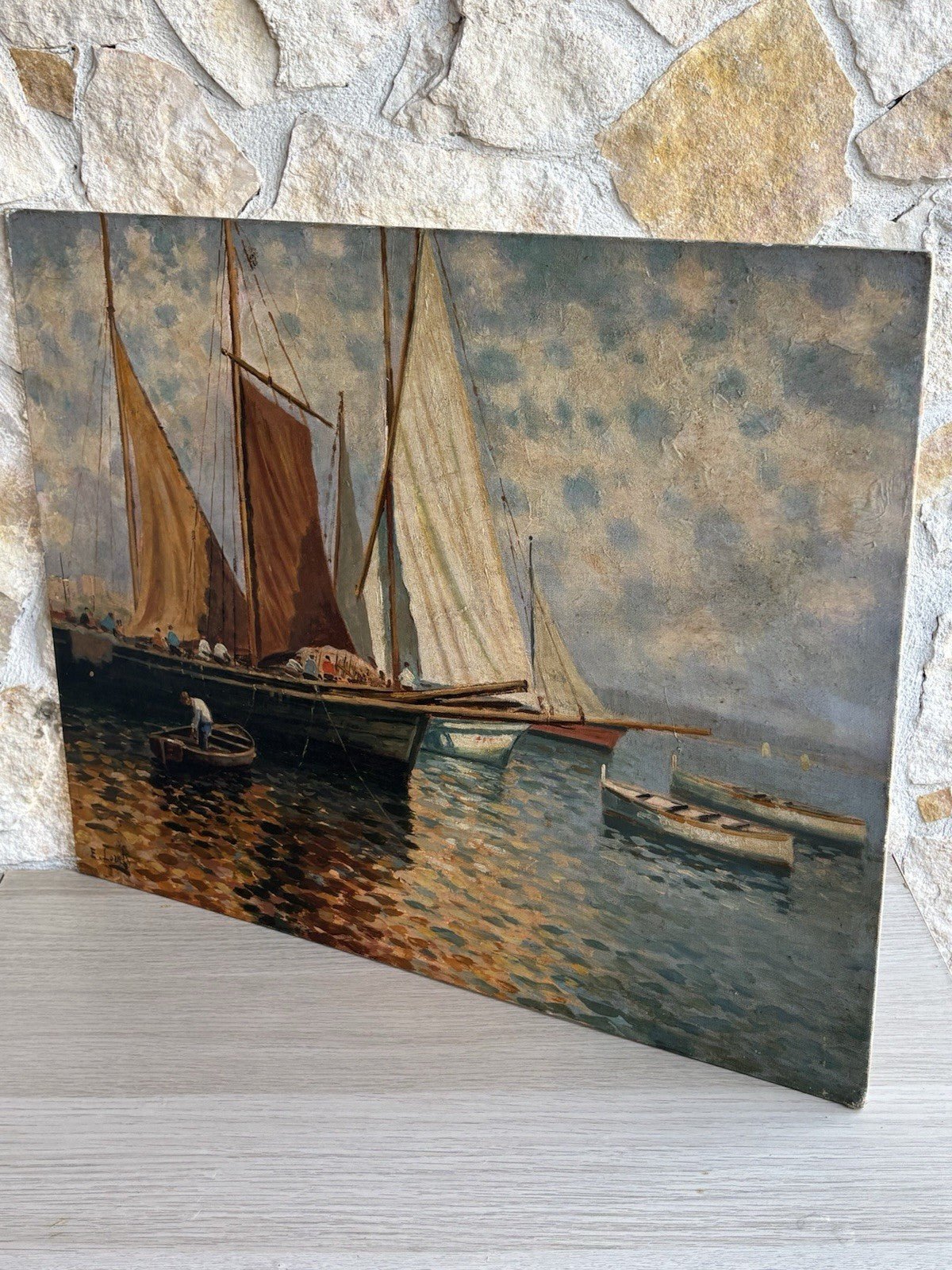 Quadro -Marina Con Barche- Ernesto Loreto dipinto a olio