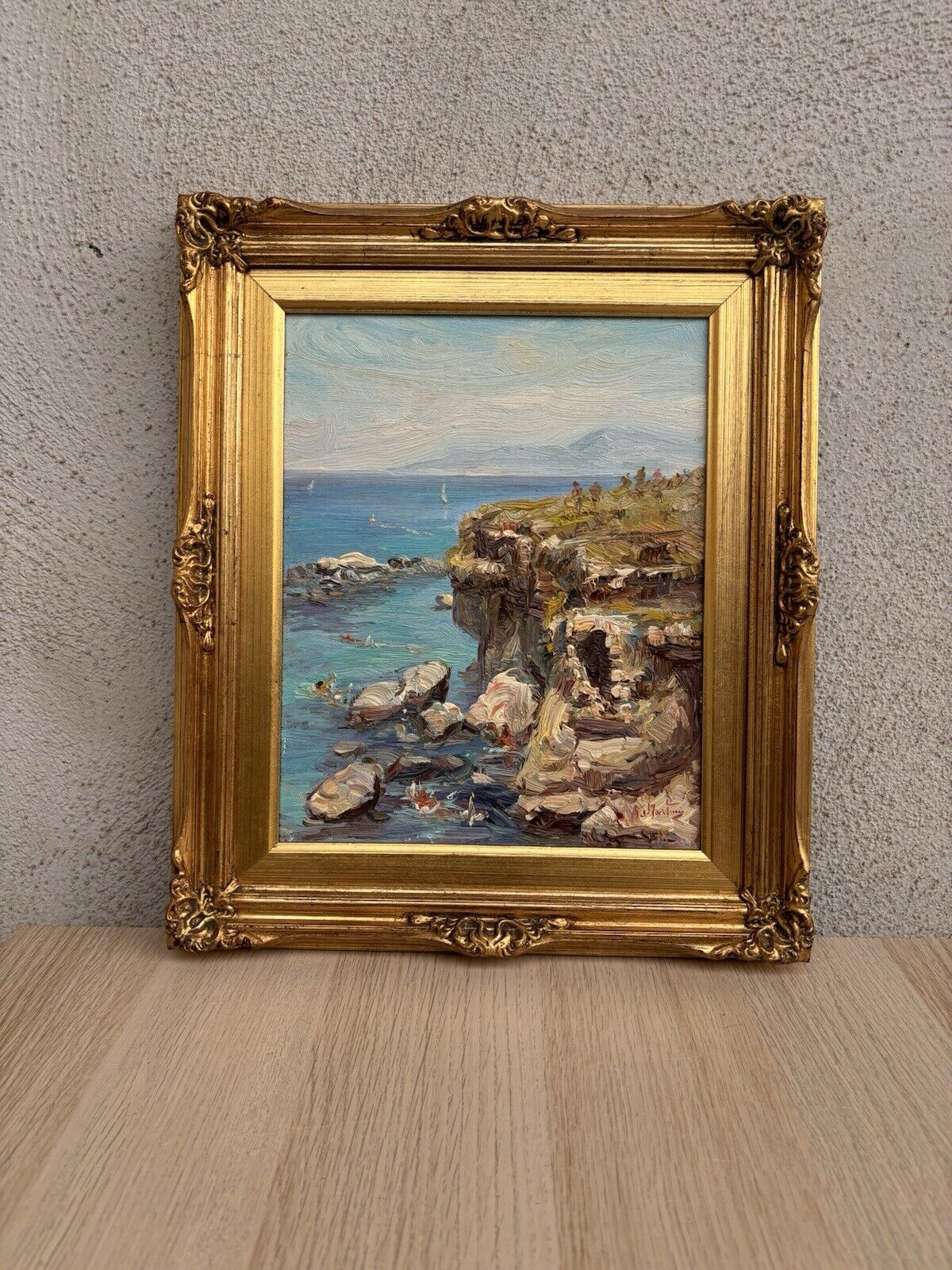 Quadro -Marina Con Bagnanti- dipinto a olio su tavoletta