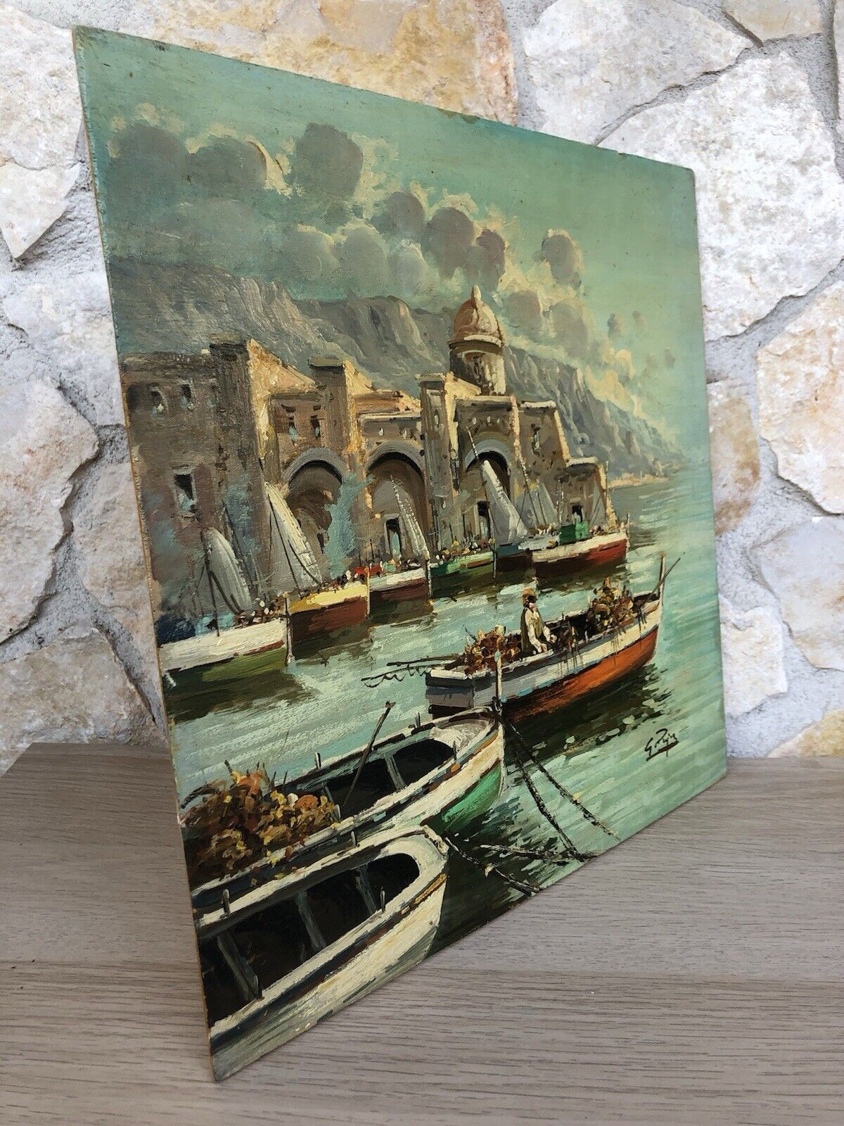 Quadro vintage -Marina Con Pescatori- dipinto a olio su tavoletta