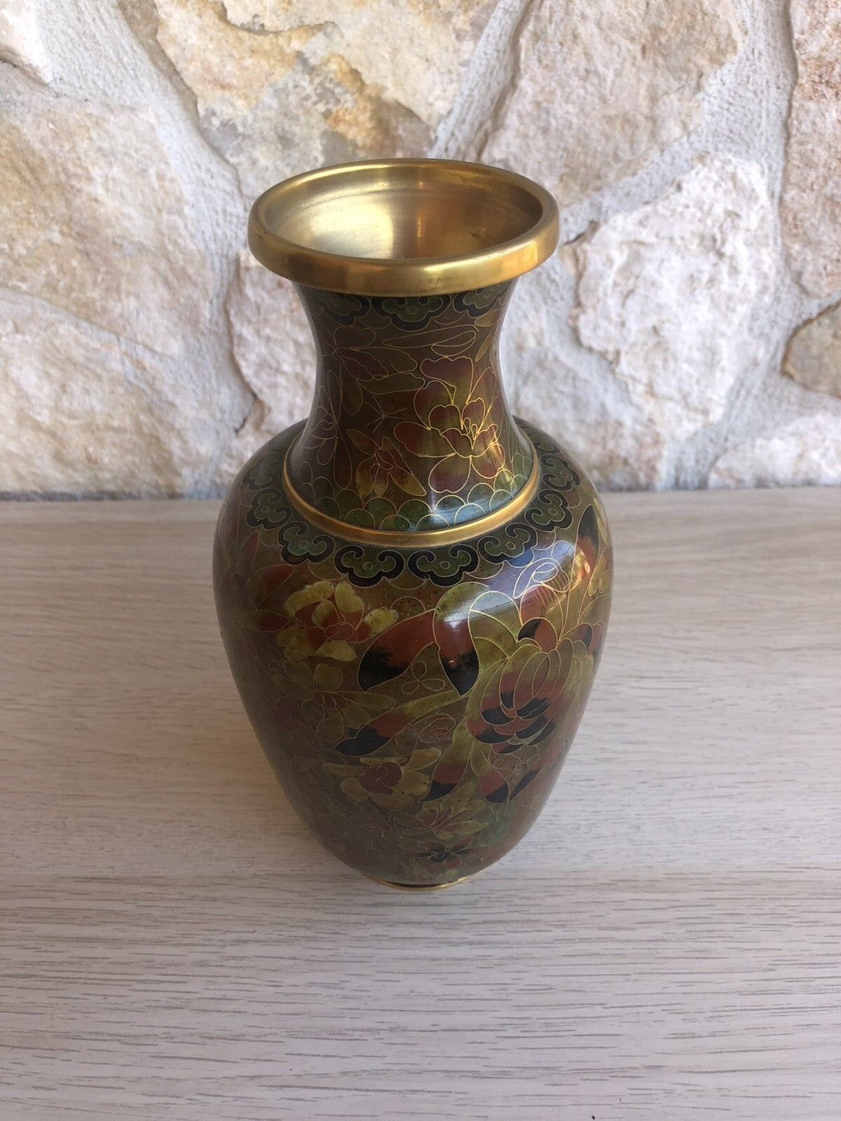 Vaso Vintage In Ottone E Cloisonne Cinese