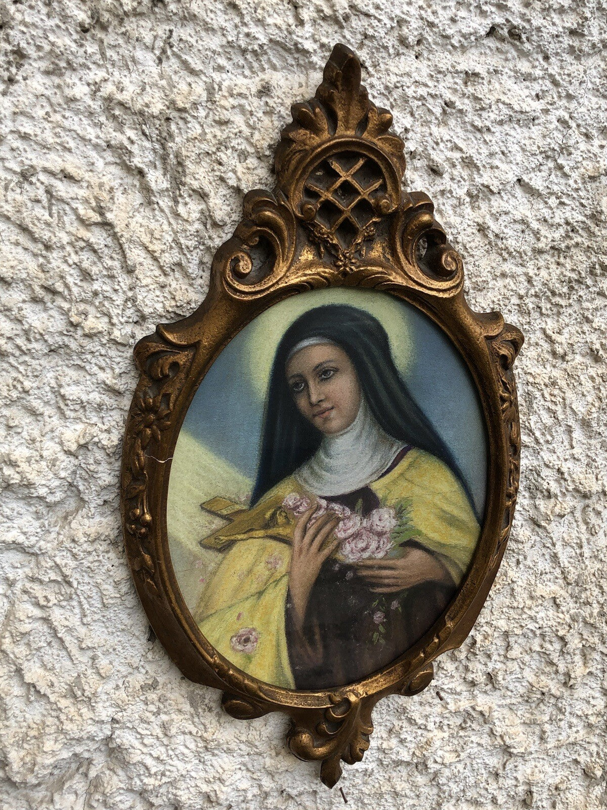 Quadro vintage -Santa Rita Da Cascia- realizzato  a pastello su cartoncino