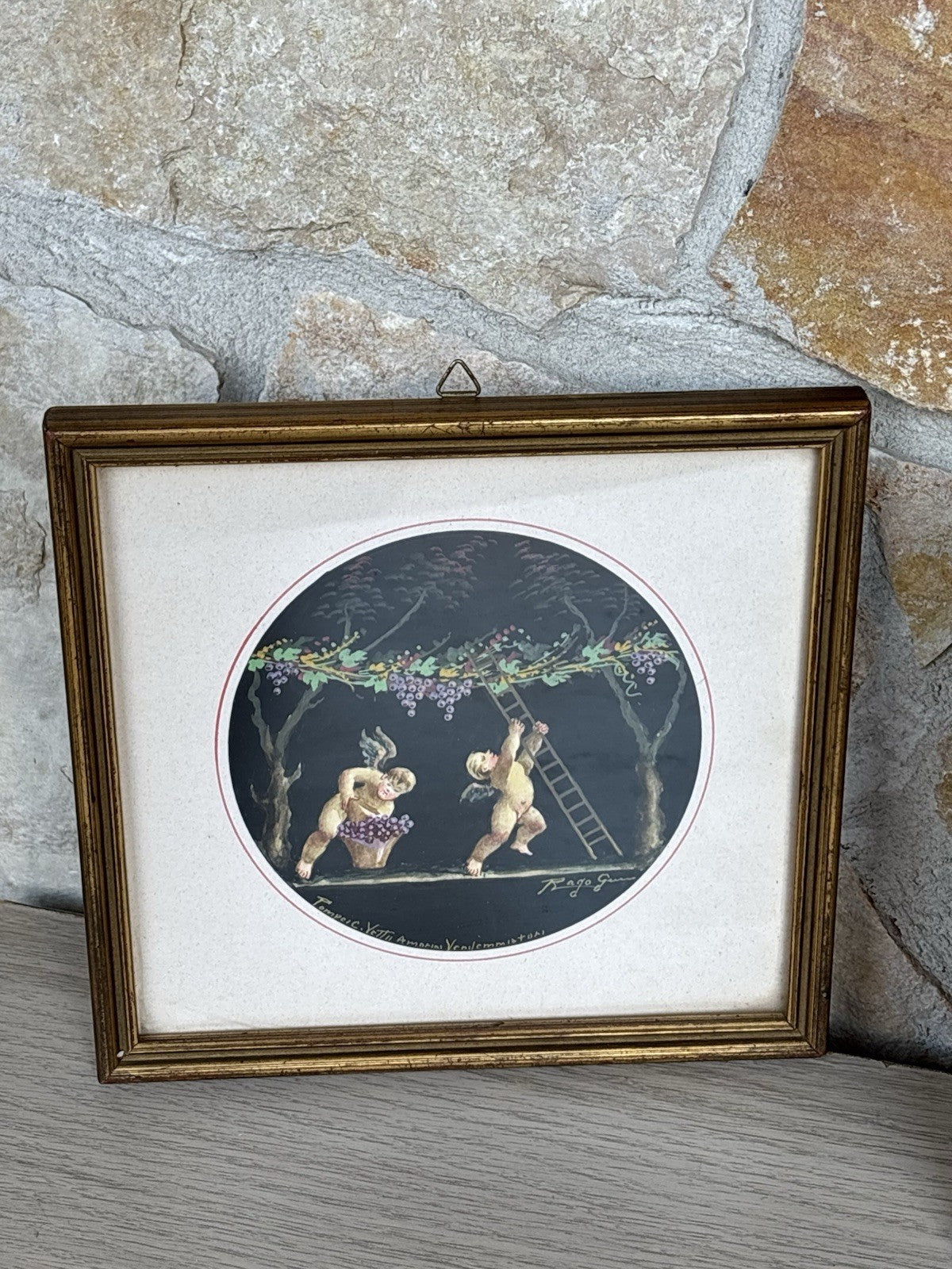 Coppia Di Quadri Vintage -Amorini- Gouache Dipinti A Mano