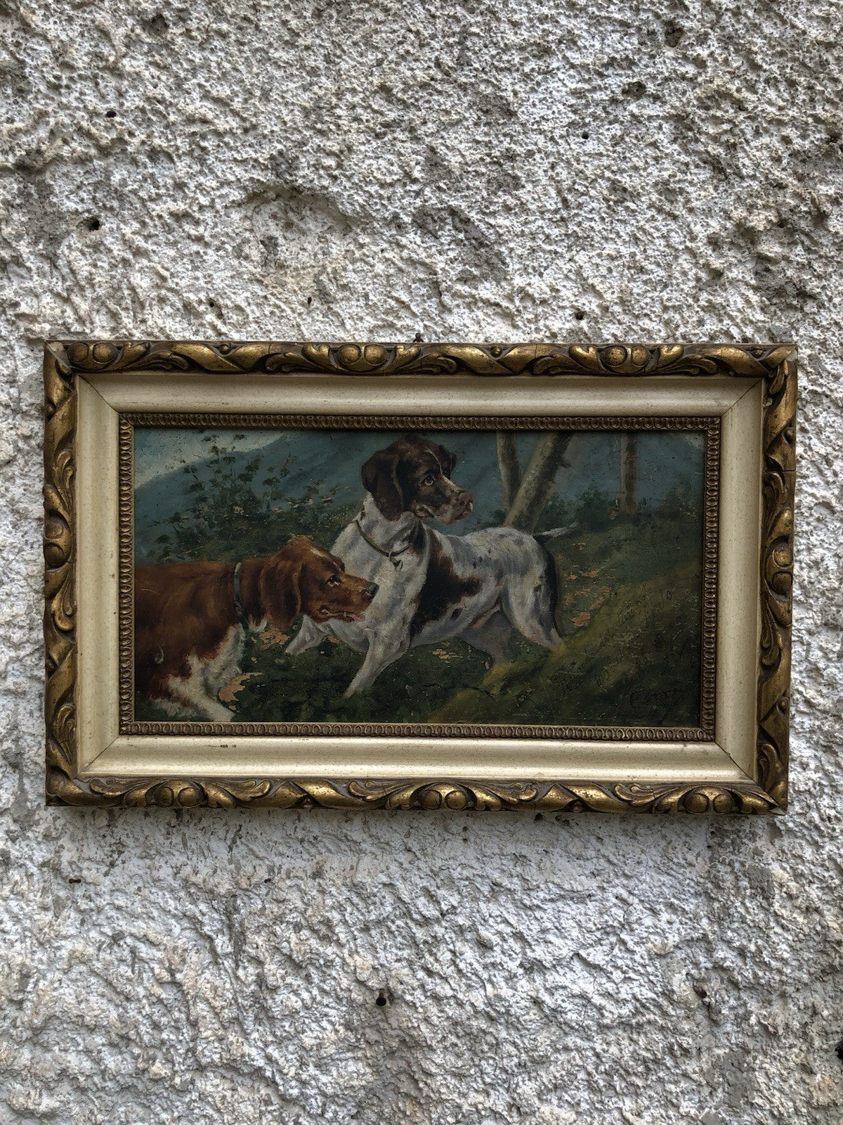 Quadro antico -Cani Da Caccia- dipinto a olio su tavola
