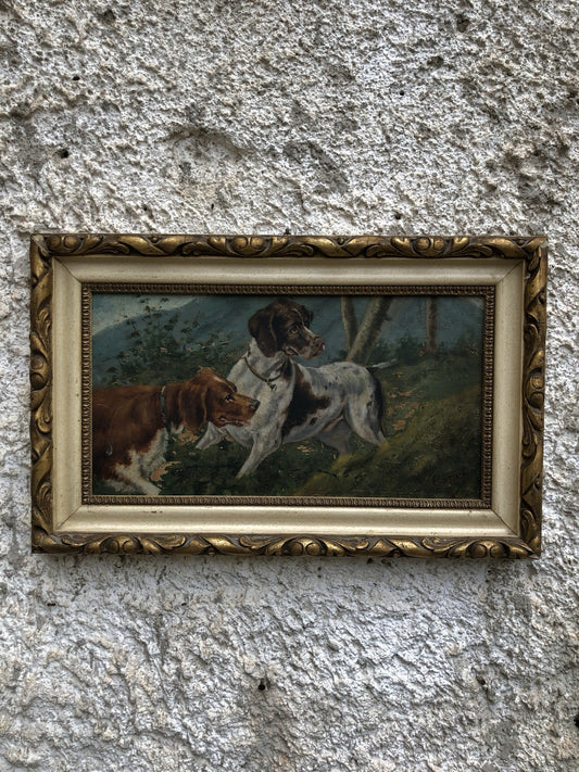 Quadro antico -Cani Da Caccia- dipinto a olio su tavola