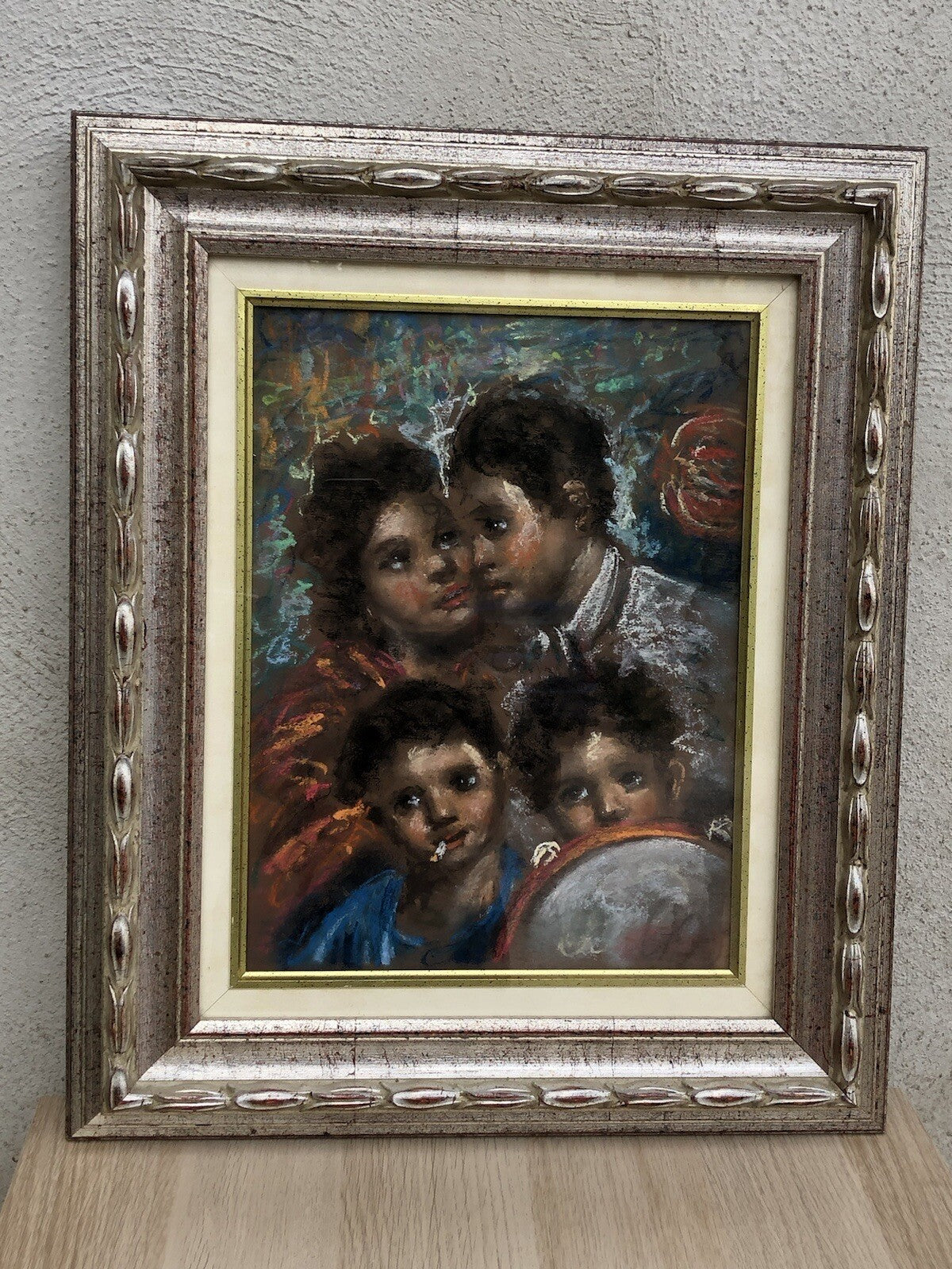 Quadro vintage -Figure Scugnizzi- realizzato a pastello su tavoletta