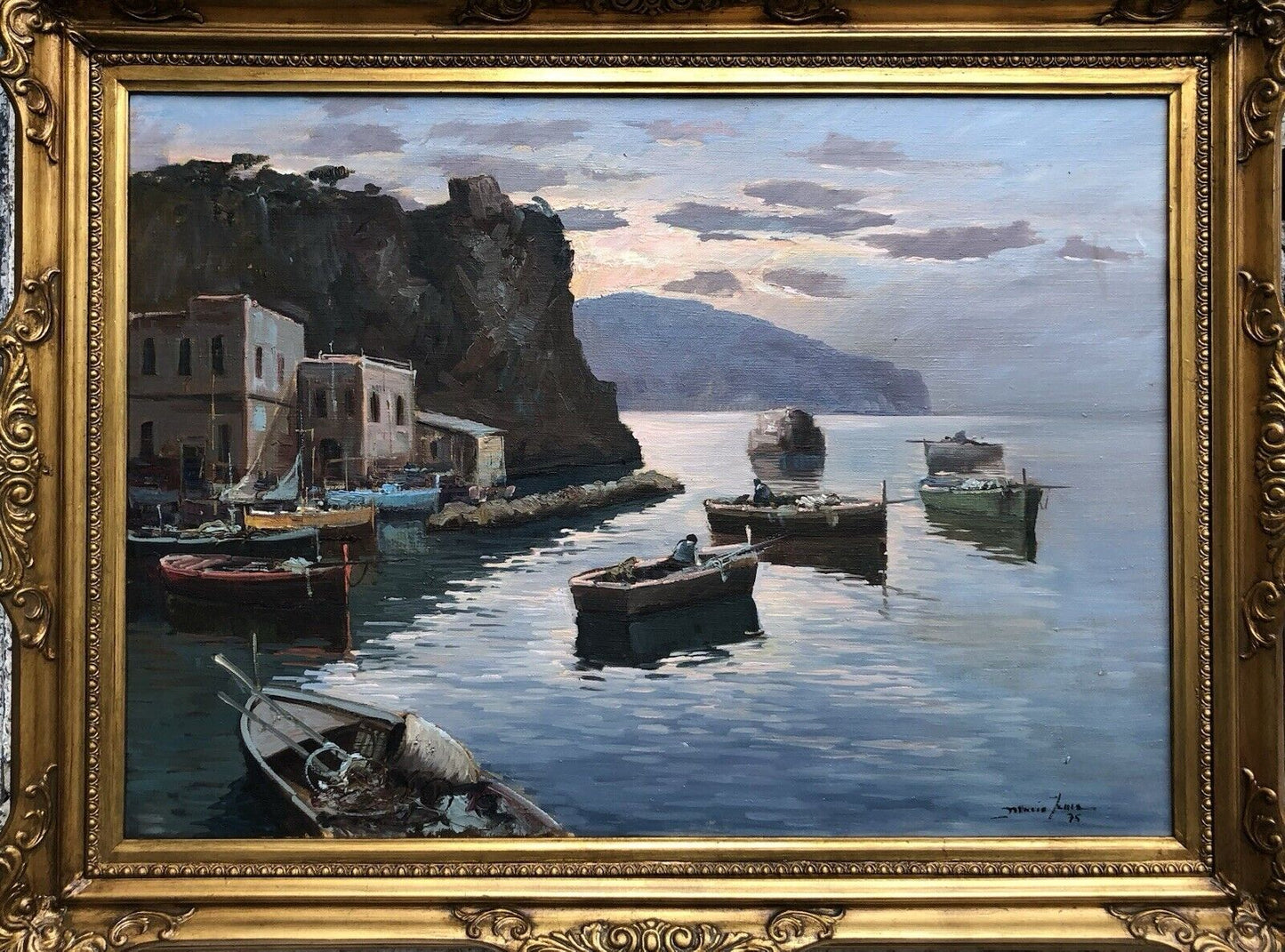 Quadro -Marina Di Procida Al Tramonto- dipinto a olio su tela