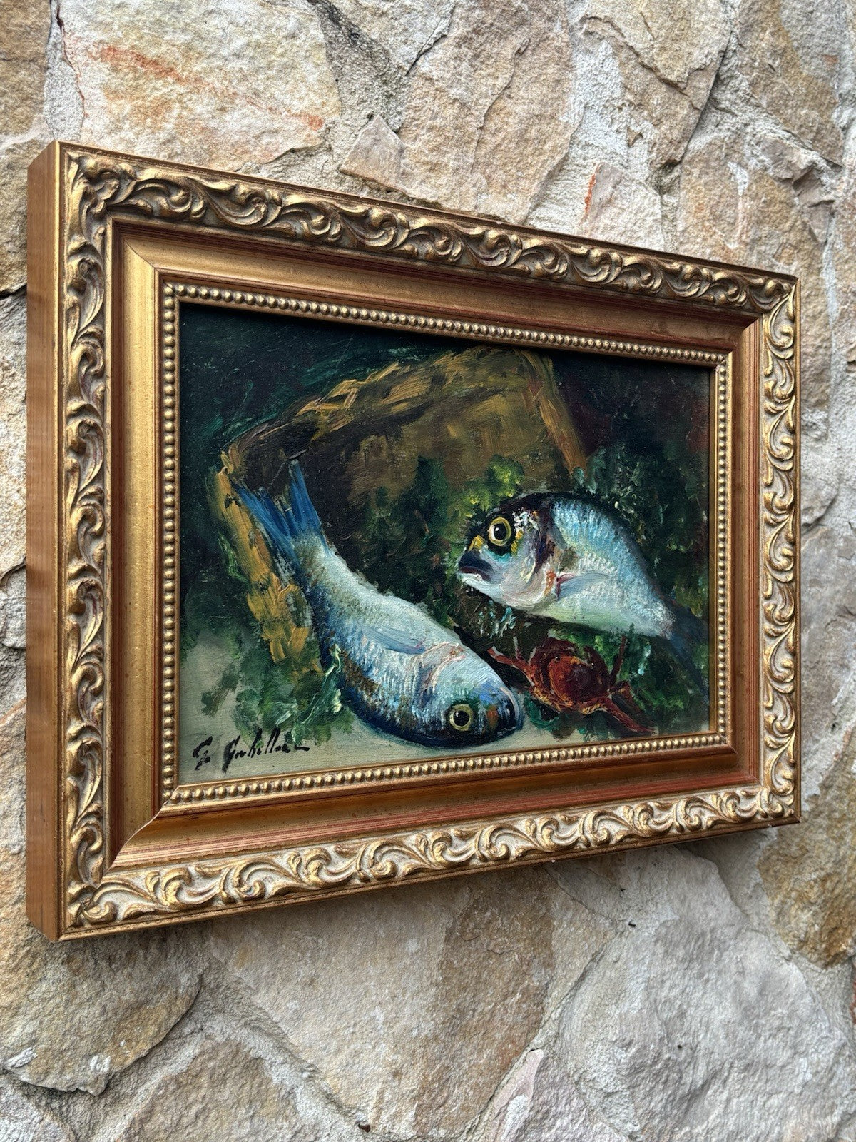 Quadro -Pesci- dipinto a olio su tavoletta