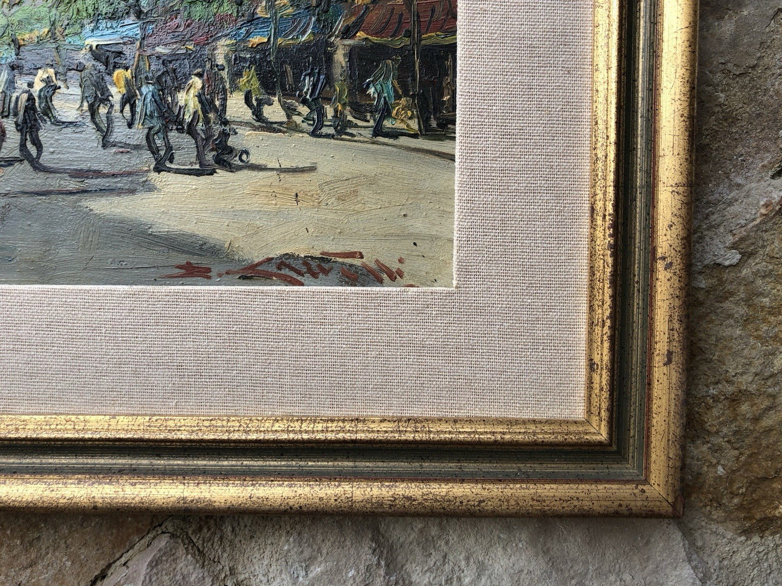 Quadro vintage - Strada Con Figure- dipinto a olio su tavoletta