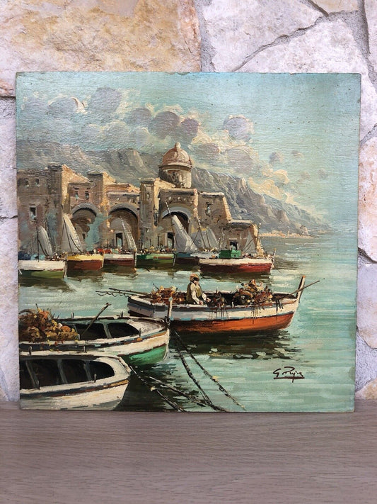 Quadro vintage -Marina Con Pescatori- dipinto a olio su tavoletta