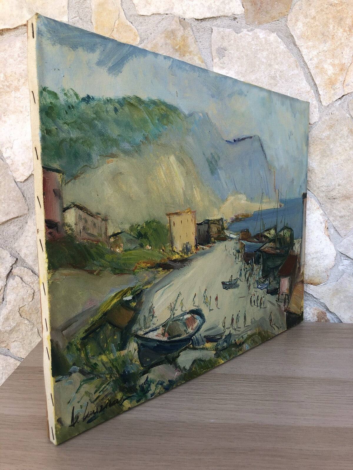 Quadro vintage -Porto Con Barche- dipinto a olio su tela
