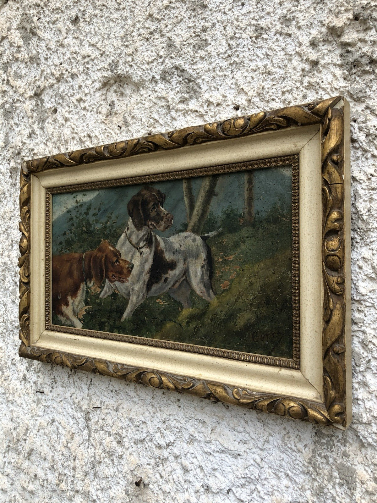 Quadro antico -Cani Da Caccia- dipinto a olio su tavola