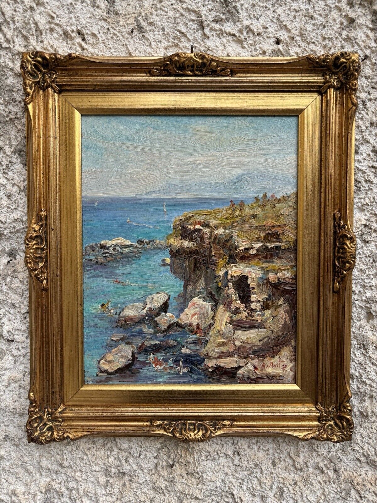 Quadro -Marina Con Bagnanti- dipinto a olio su tavoletta