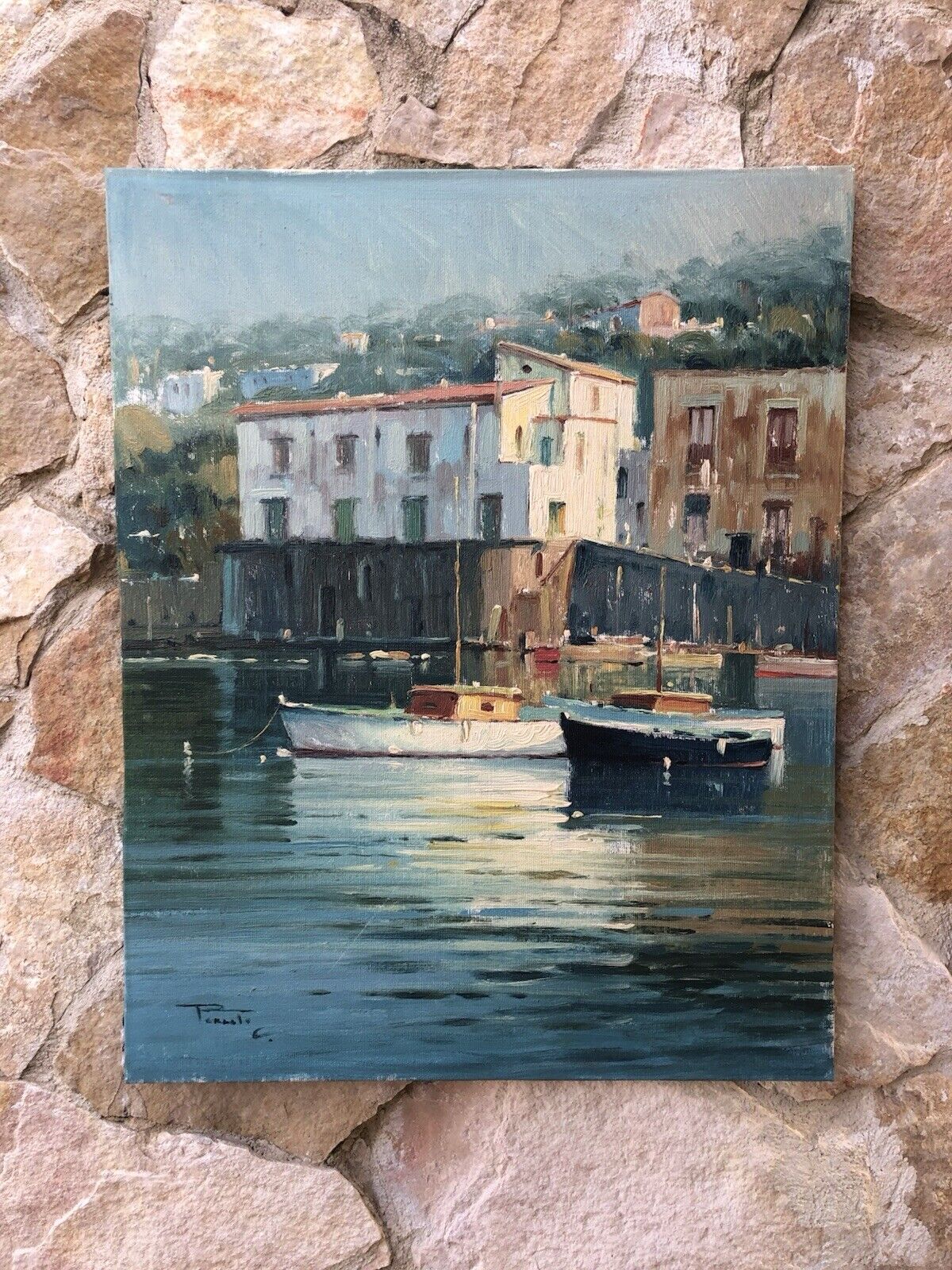 Quadro -Marina Con Barche- dipinto a olio su tela