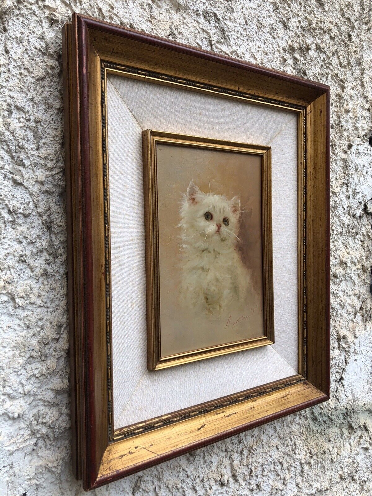 Quadro vintage-Gatto-dipinto a olio su tavola
