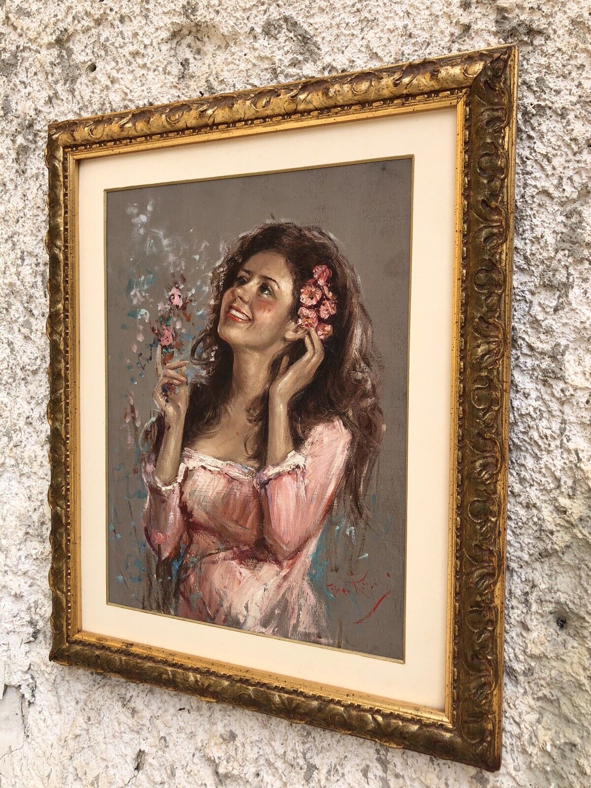 Quadro vintage -Fanciulla tra i fiori-dipinto a olio su tavola