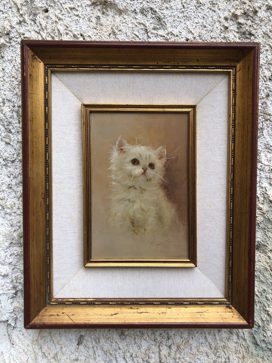 Quadro vintage-Gatto-dipinto a olio su tavola