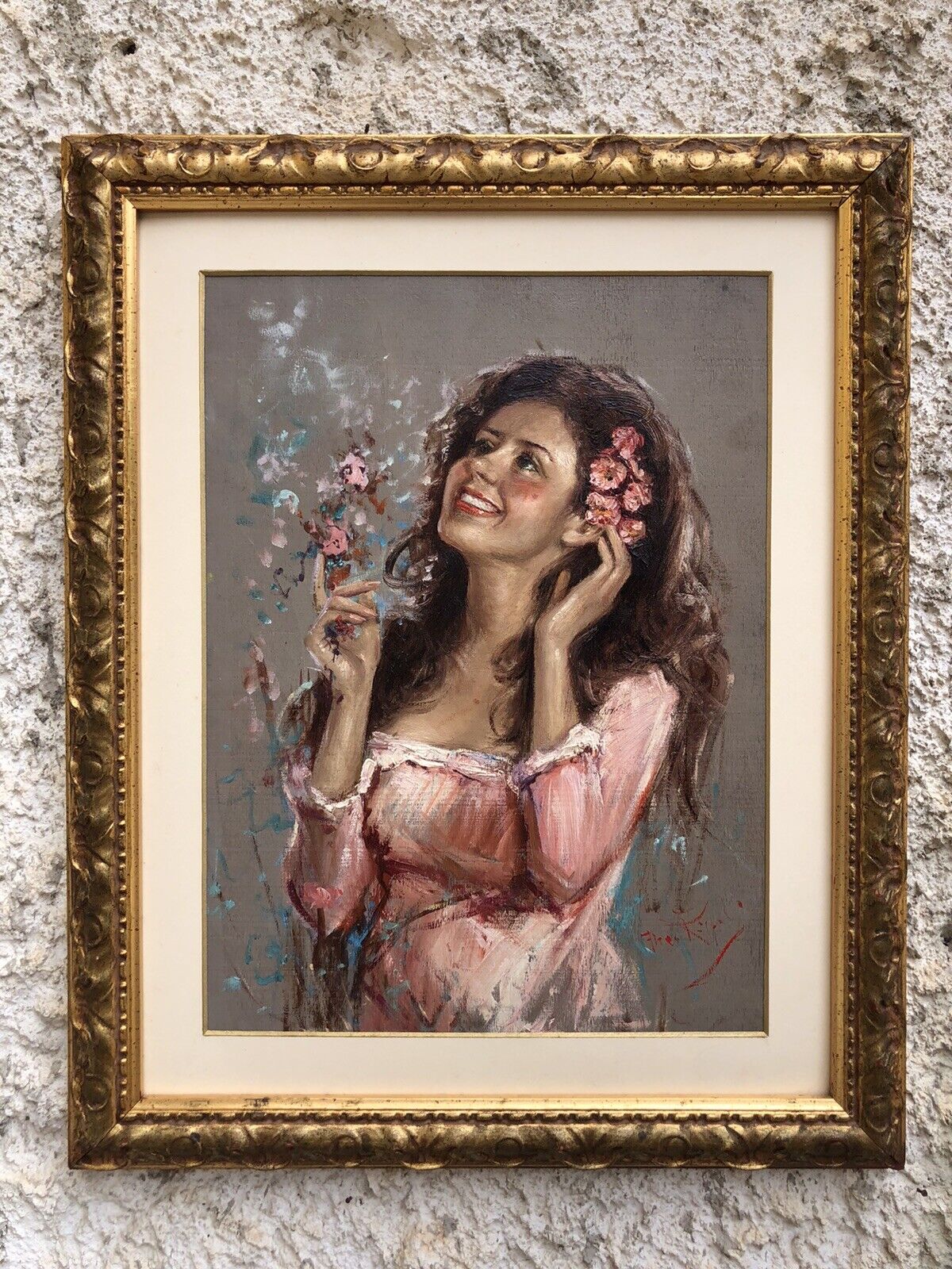 Quadro vintage -Fanciulla tra i fiori-dipinto a olio su tavola